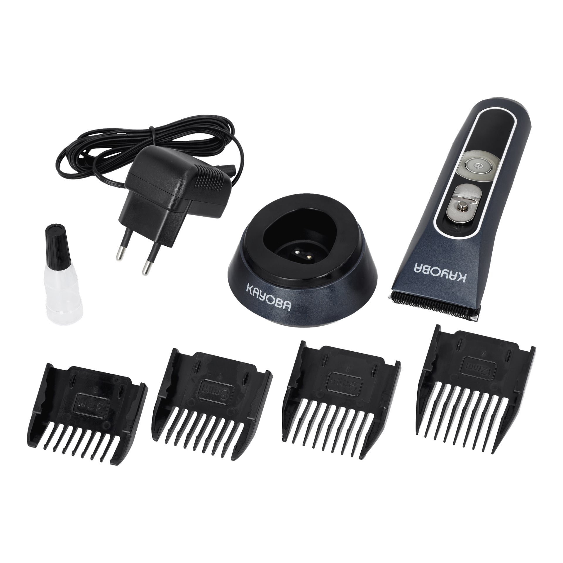 Das batteriebetriebene Kayoba-Garderobentrimmer-Set enthält einen Ladeadapter, eine Reinigungsbürste, eine Ladebasis, einen Trimmer und vier Schutzaufsätze.