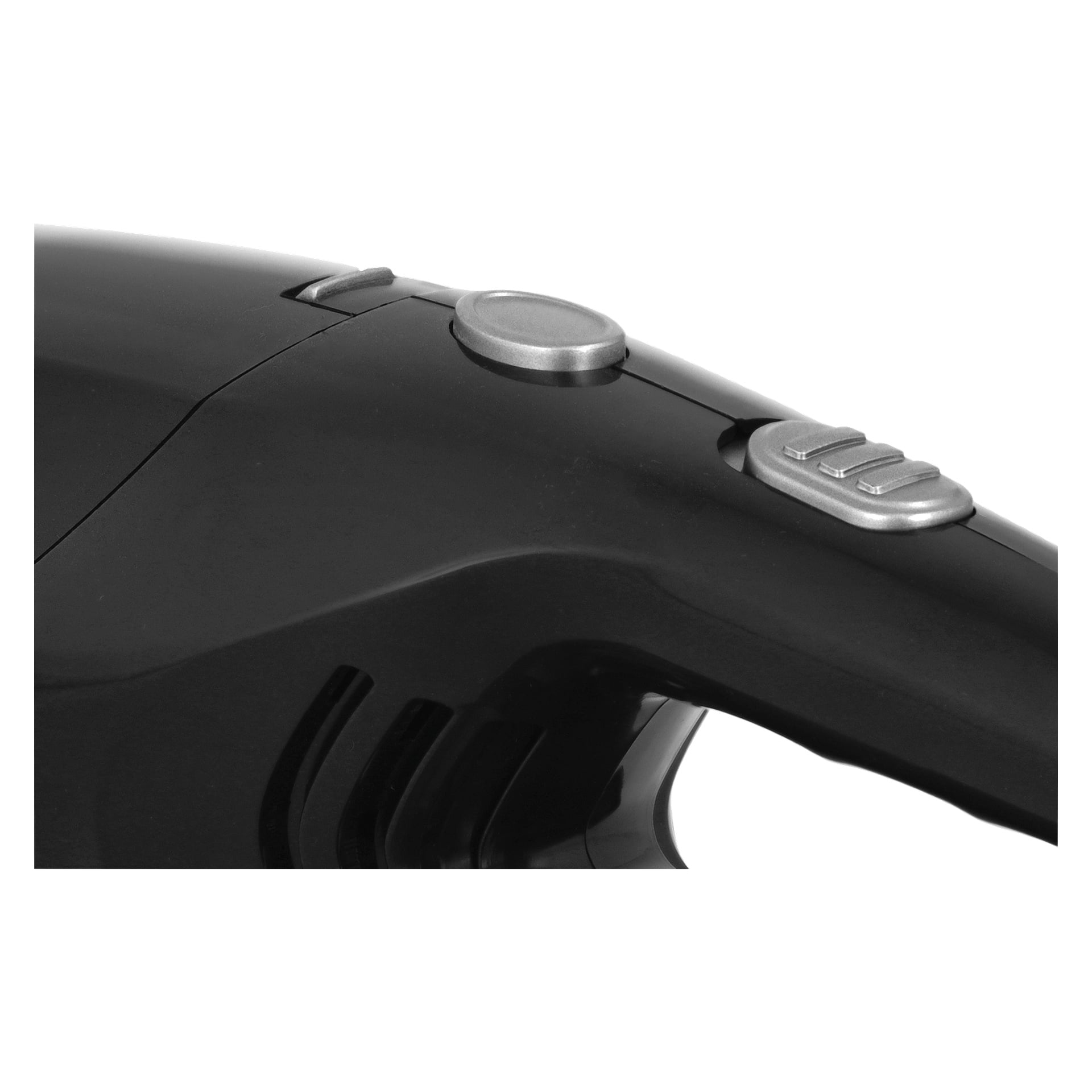 En närbild på en svart Bright Handheld dammsugare har ett slätt, blankt handtag med en cirkulär silverknapp och en rektangulär silverströmbrytare markerad med tre upphöjda åsar.