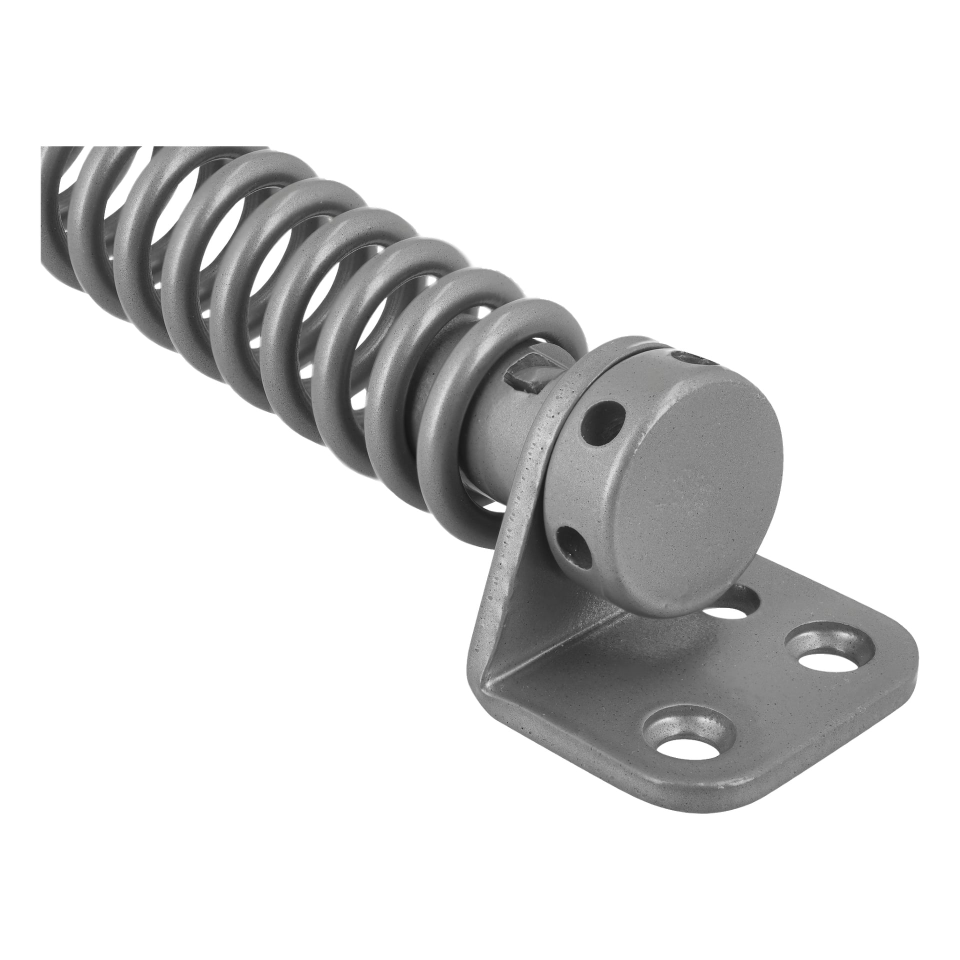 Detaljerad vy av en Hard Head Spiral dörrstängare som visar en tätt spiralad metallfjäder i matt grått, ett cirkulärt ändlock och ett platt monteringsfäste med tre skruvhål.