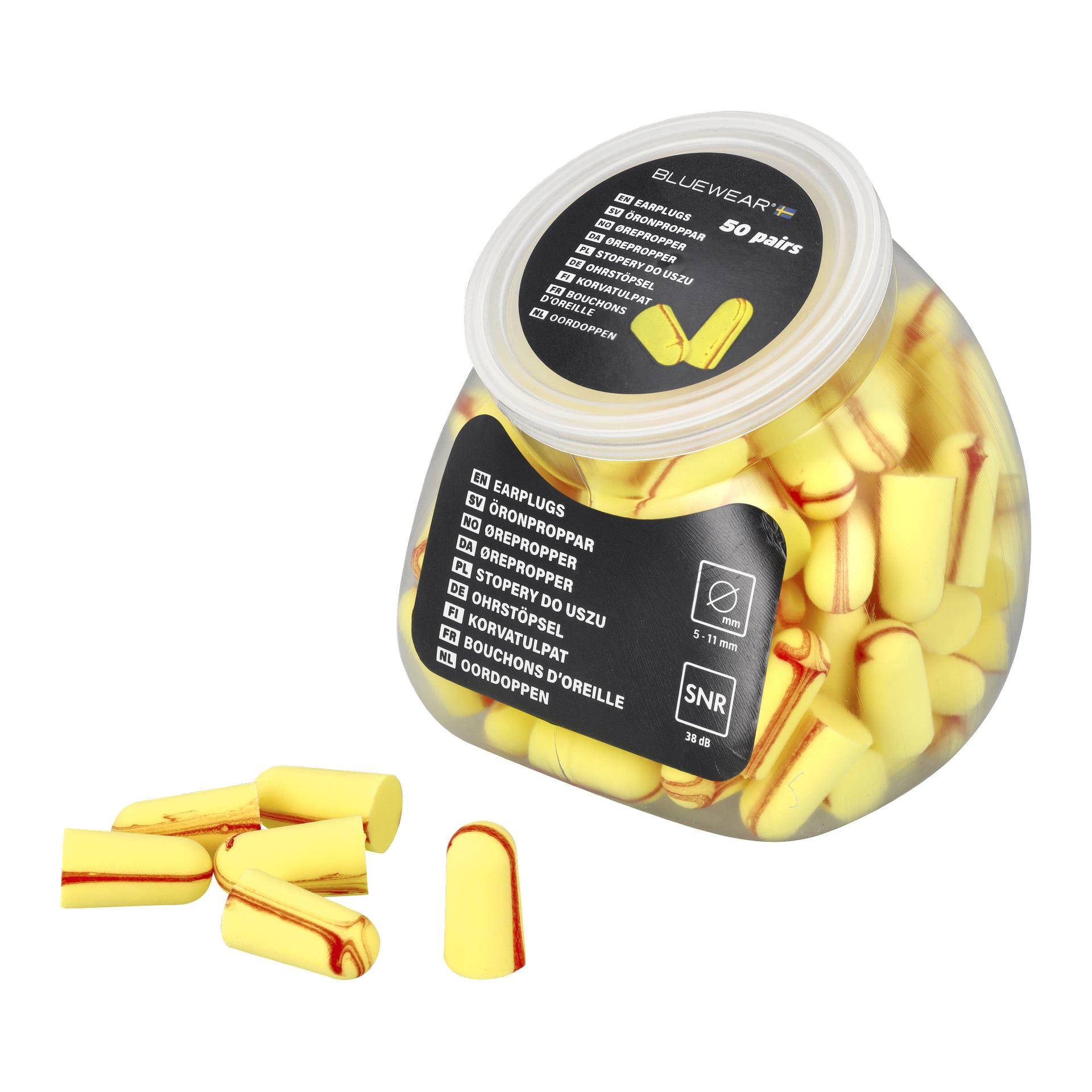 En genomskinlig Bluewear-behållare märkt "Earplugs" innehåller flera gula och röda skumproppar, med fler öronproppar utspridda i närheten.