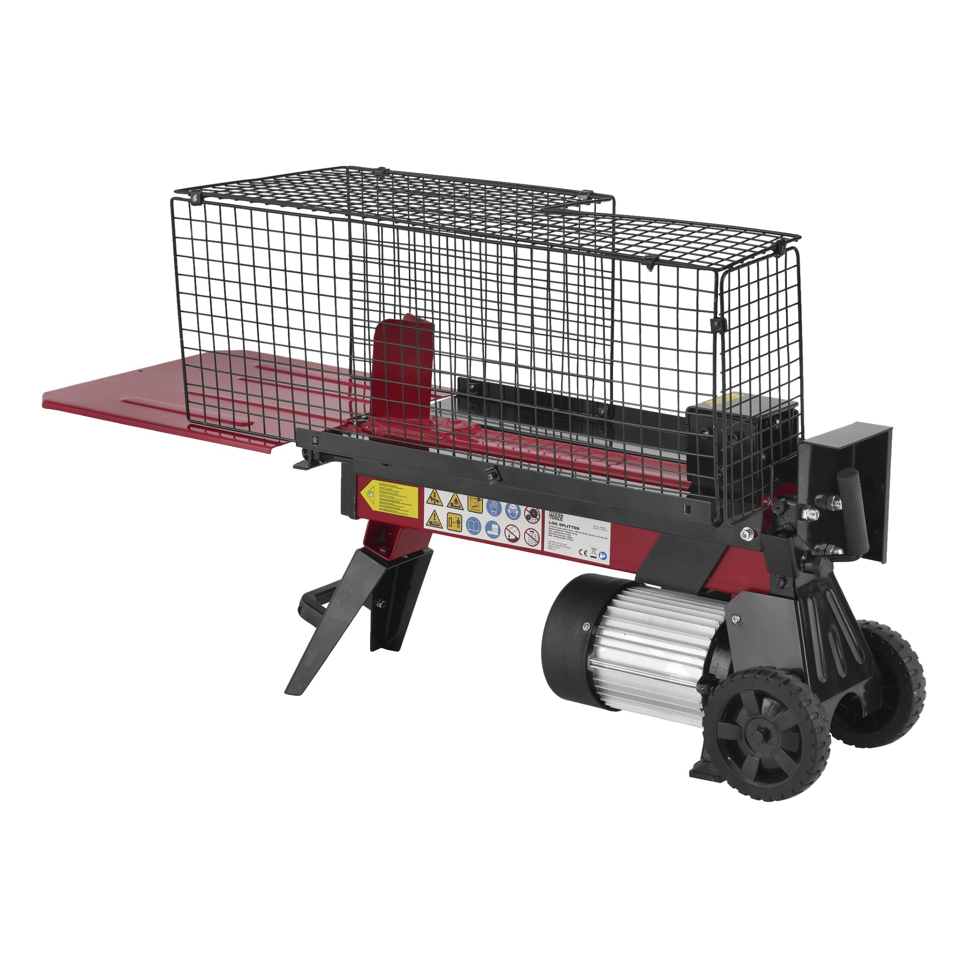 En röd och svart Meec Tools vedklyv med en robust metallbur, synliga varningsetiketter, en motorenhet, två hjul för rörlighet och en särskild plattform för att hålla stockar under klyvning.