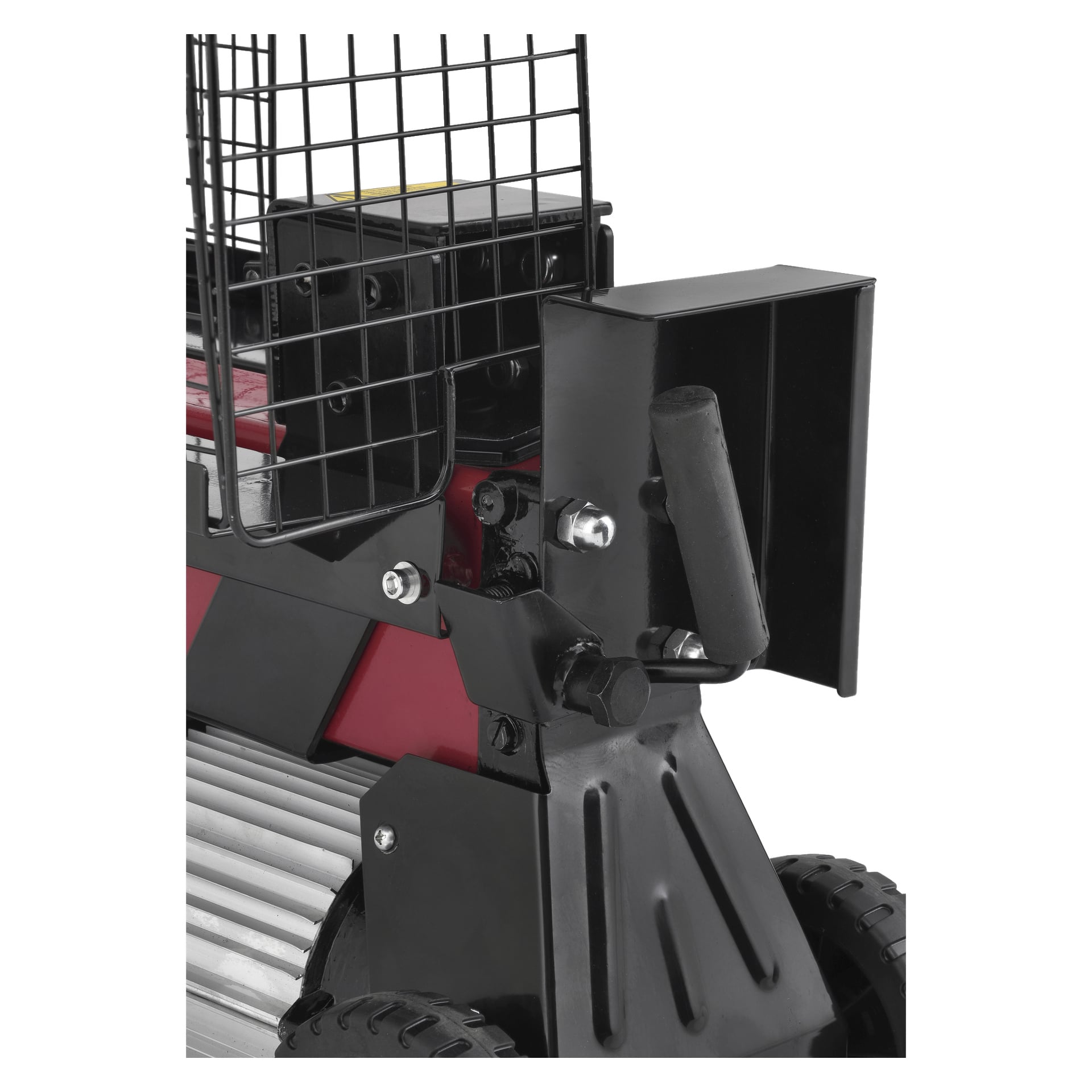 Detaljerad vy av en Meec Tools stocksplitter, som visar dess röda och svarta robusta konstruktion med ett metallgaller för säkerhet, svart handtag, synliga bultar och hjul fästa vid en robust metallbas.