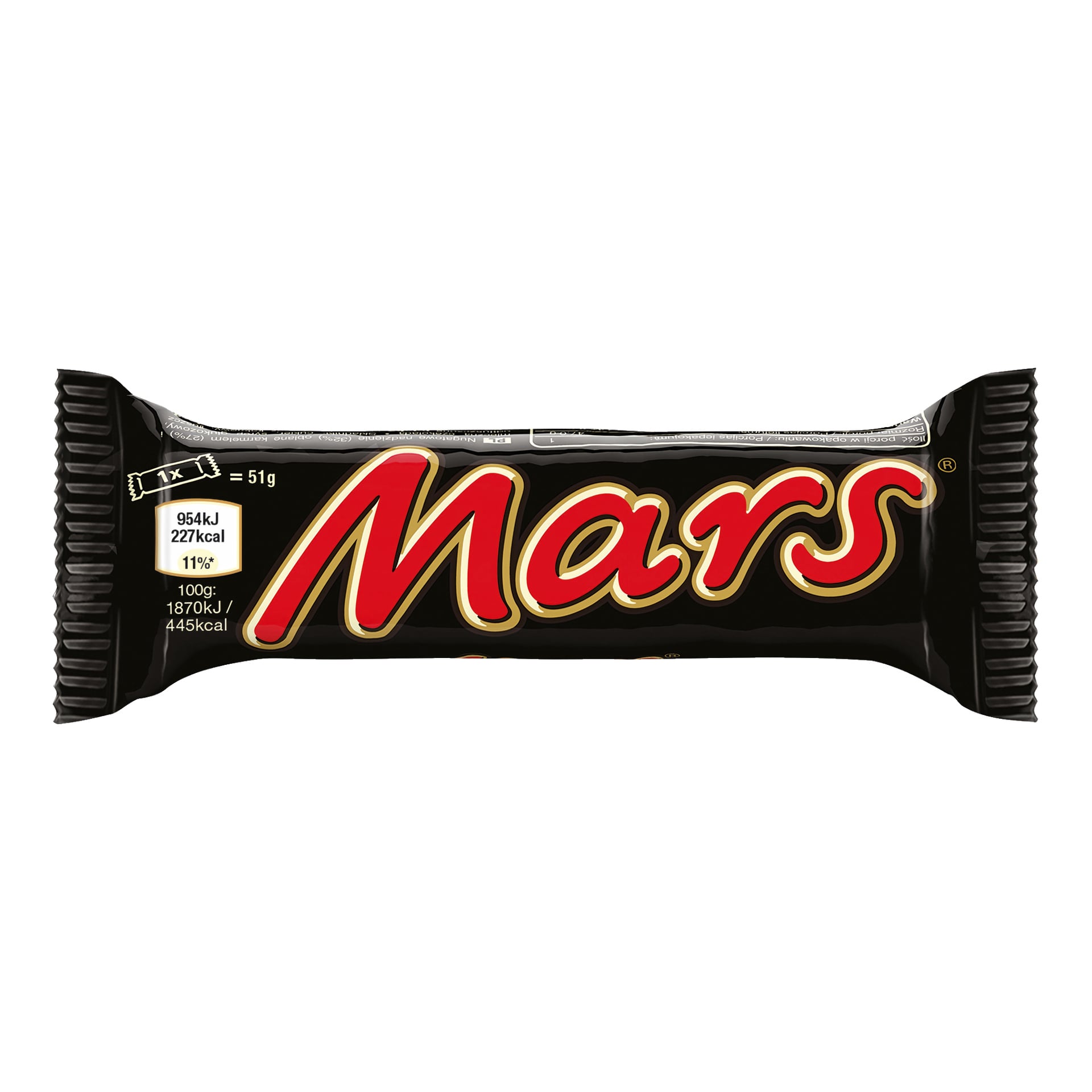 En 51g Mars-bar från Mars-märket, visad i ett svart omslag med framträdande röd och guldfärgad Mars-märkning och näringsuppgifter på vänster sida.