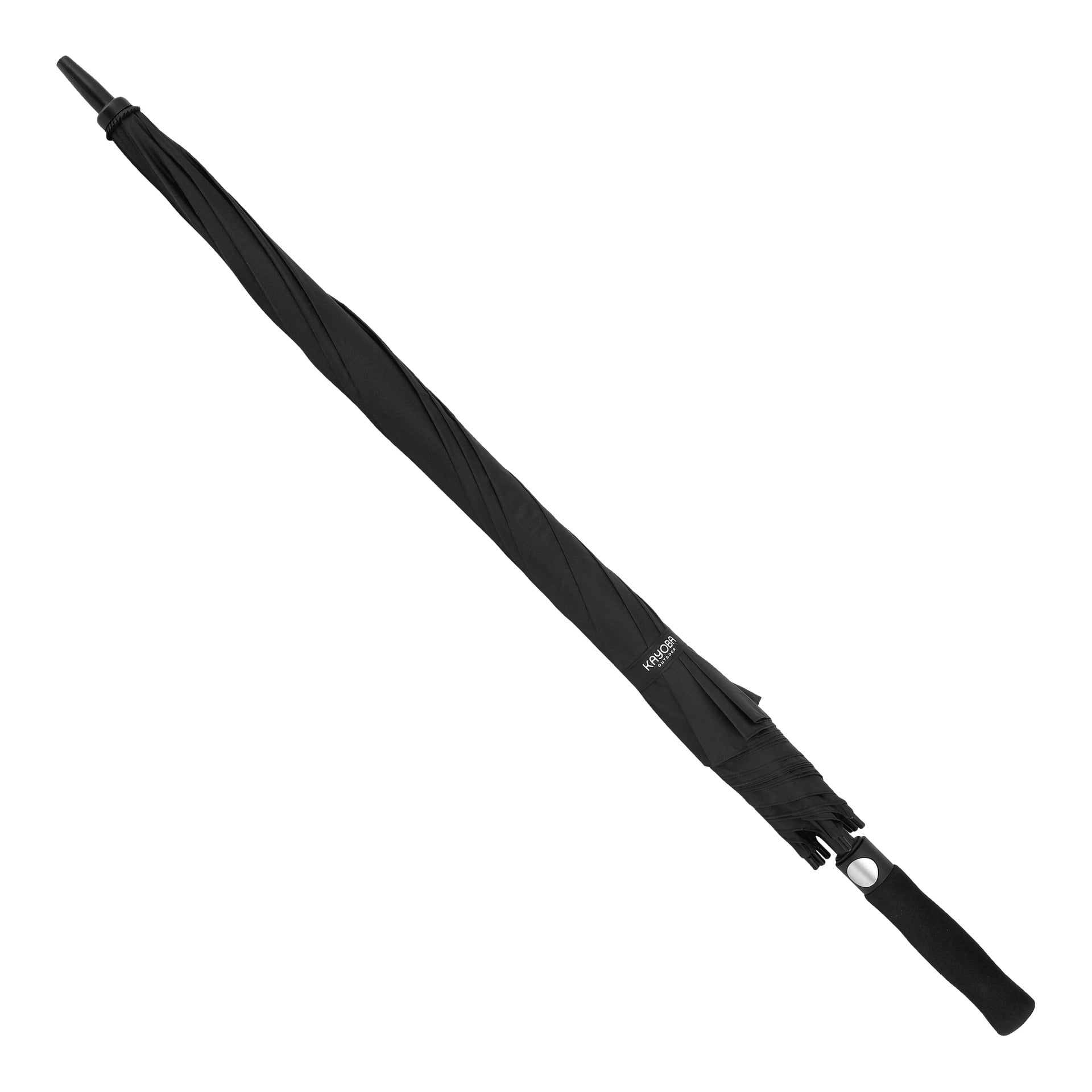 Ett svart Kayoba Outdoor Umbrella, stängt och säkrat med rem, har ett rakt handtag, en spetsig spets och en liten logotyp placerad nära handtaget. Paraplyets tyg är tätt lindat.
