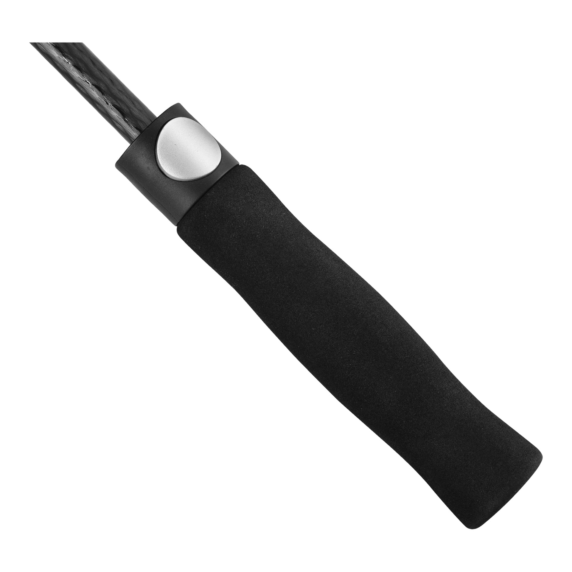 Detaljerad vy av Kayoba Outdoor Umbrellas handtag, som visar dess svarta skumbeläggning, cylindriska form och en metallknapp placerad nära toppen där den fästs vid huvudparaplystången.