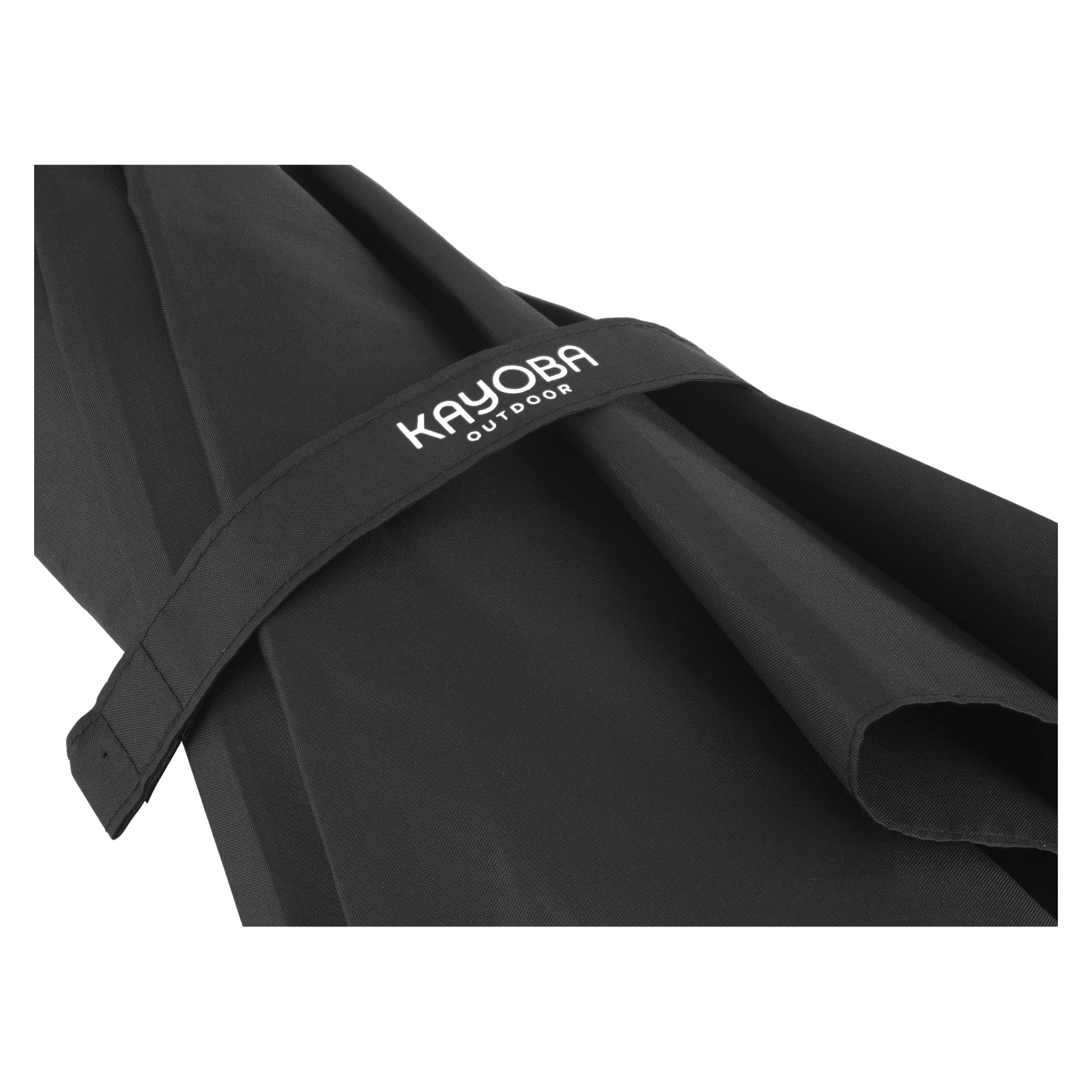 En närbild på ett vikt svart paraply som hålls ihop av en rem där det står "Kayoba Outdoor." Det robusta, robusta tyget tyder på att den är byggd för utomhusförhållanden.