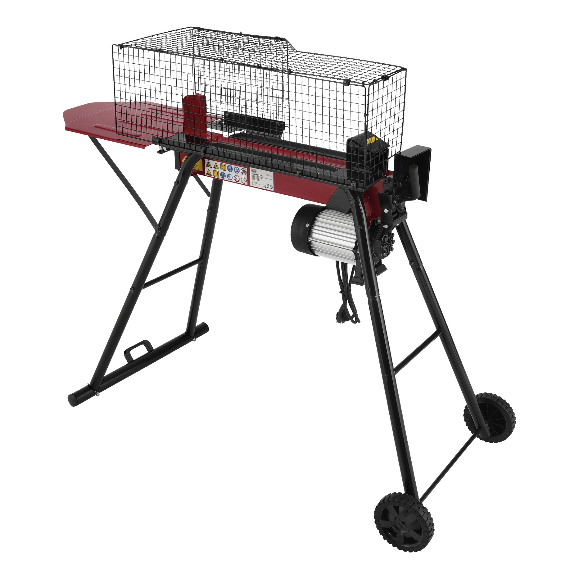 En röd och svart Meec Tools vedklyv designad för att klyva ved, med en robust metallbur, synlig motor, två hjul för rörlighet och hopfällbara ben. Säkerhetsetiketter sitter på sidan av maskinen.