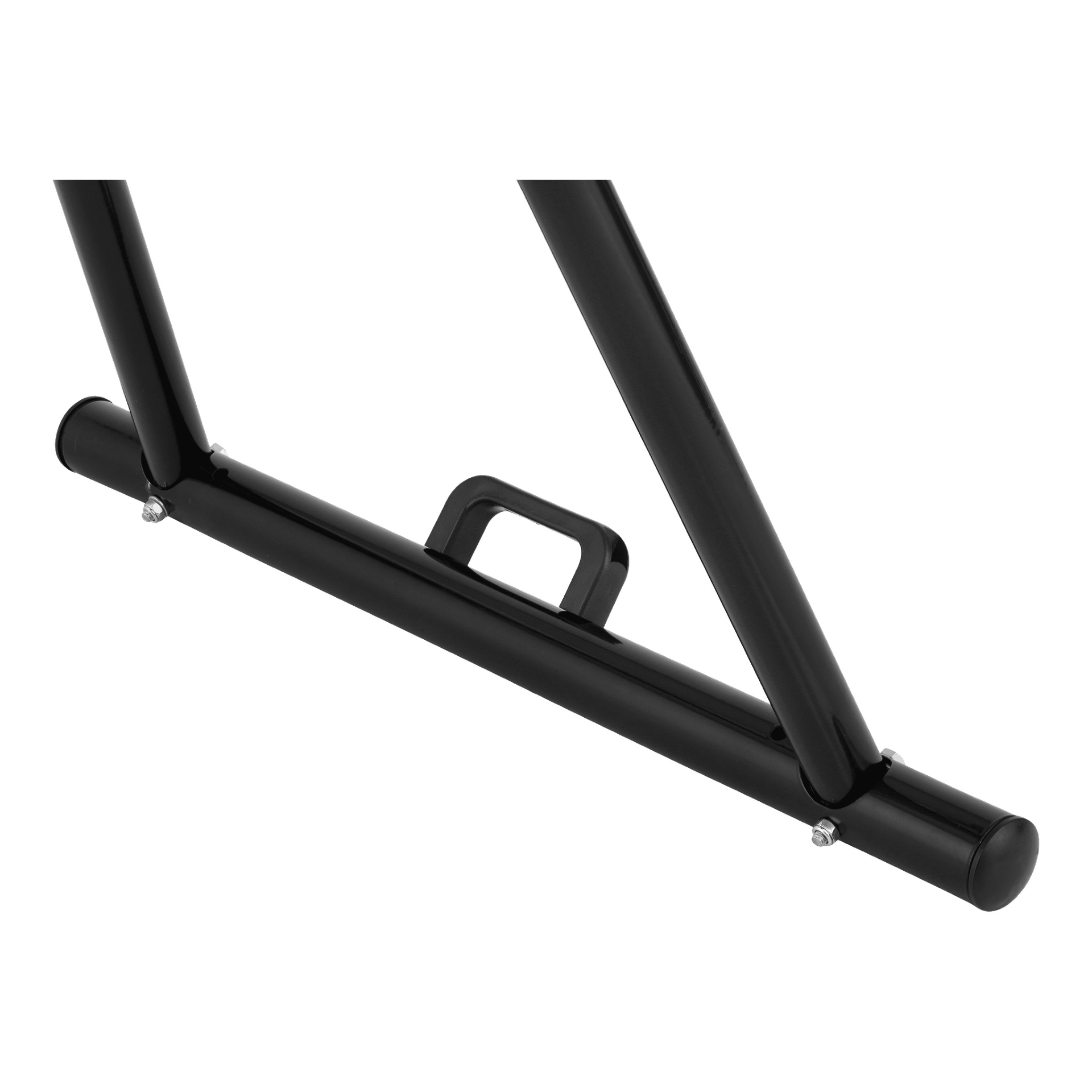 Detaljerad vy av Meec Tools stockklyv som visar dess robusta svarta metallram, en horisontell stödstång, ett rektangulärt handtag och två bultar som fäster de diagonala stagena.