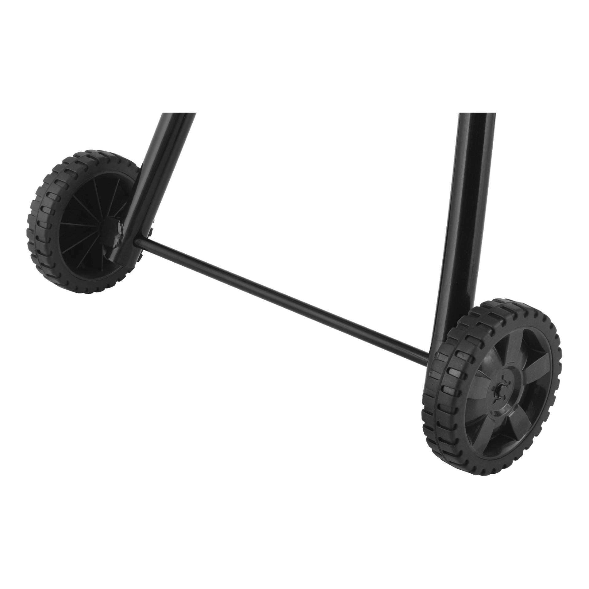 Detaljerad vy av den nedre delen av en Meec Tools Log Splitter visar dess robusta svartmetallram och två stora, robusta plasthjul på varje sida, sammanfogade med en axel.