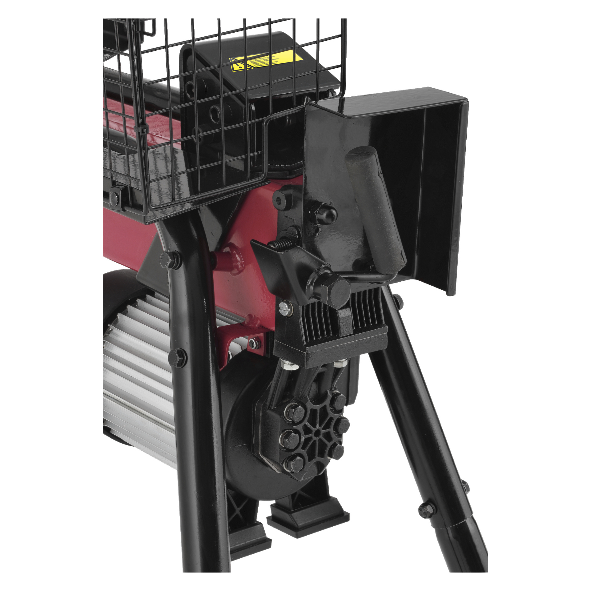 Detaljerad närbild av den röda och svarta Meec Tools Log Splitter, som visar dess motor, solida metallben, hydraulsystem och en skyddande bur ovanpå. Spaken och strömbrytaren är båda tydliga att se.