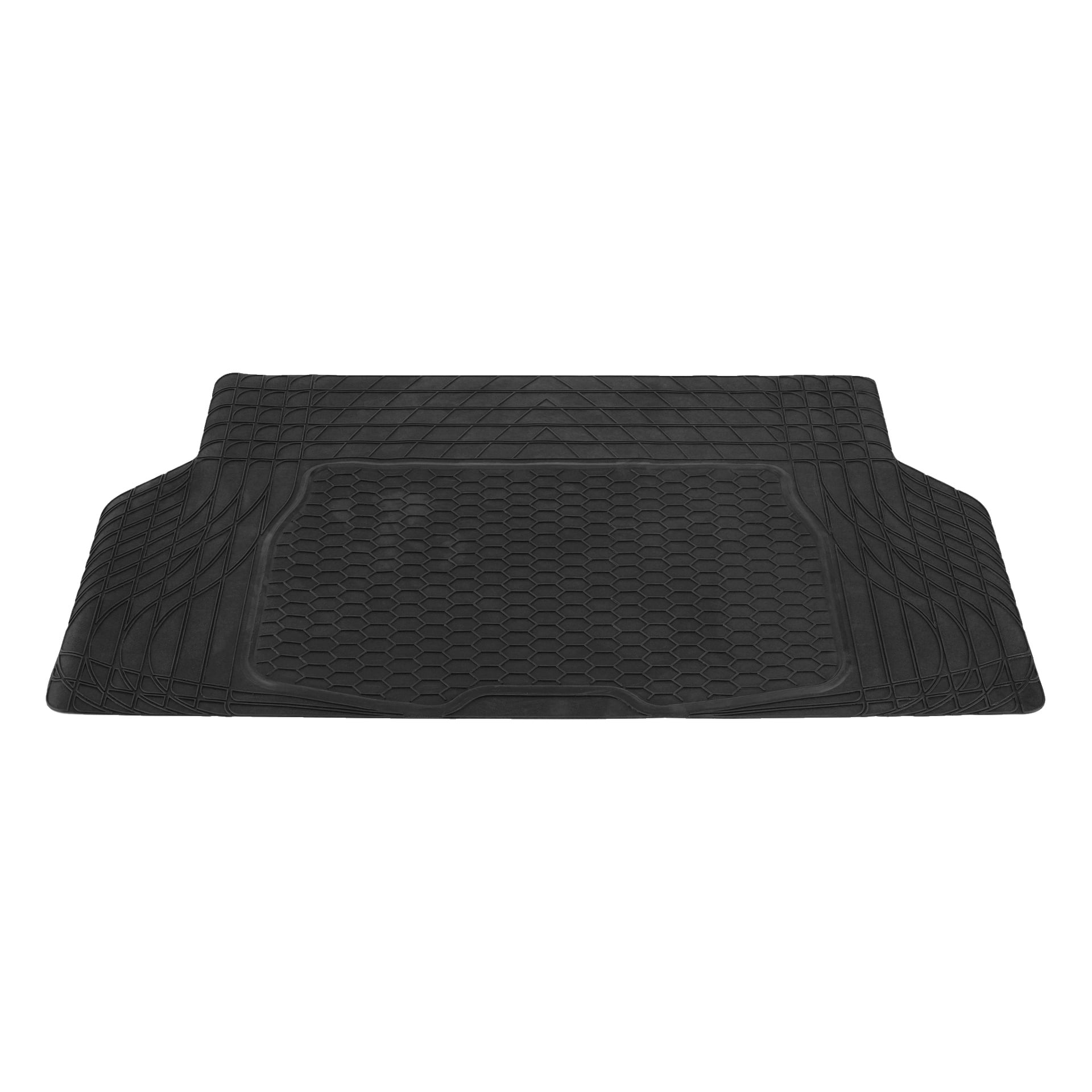 En svart gummi Hamron Boot Mat som är avsedd att skydda bilens bagageutrymme eller bagageutrymme, med ett centralt rektangulärt bikakemönster och vinklade spår längs sidorna.