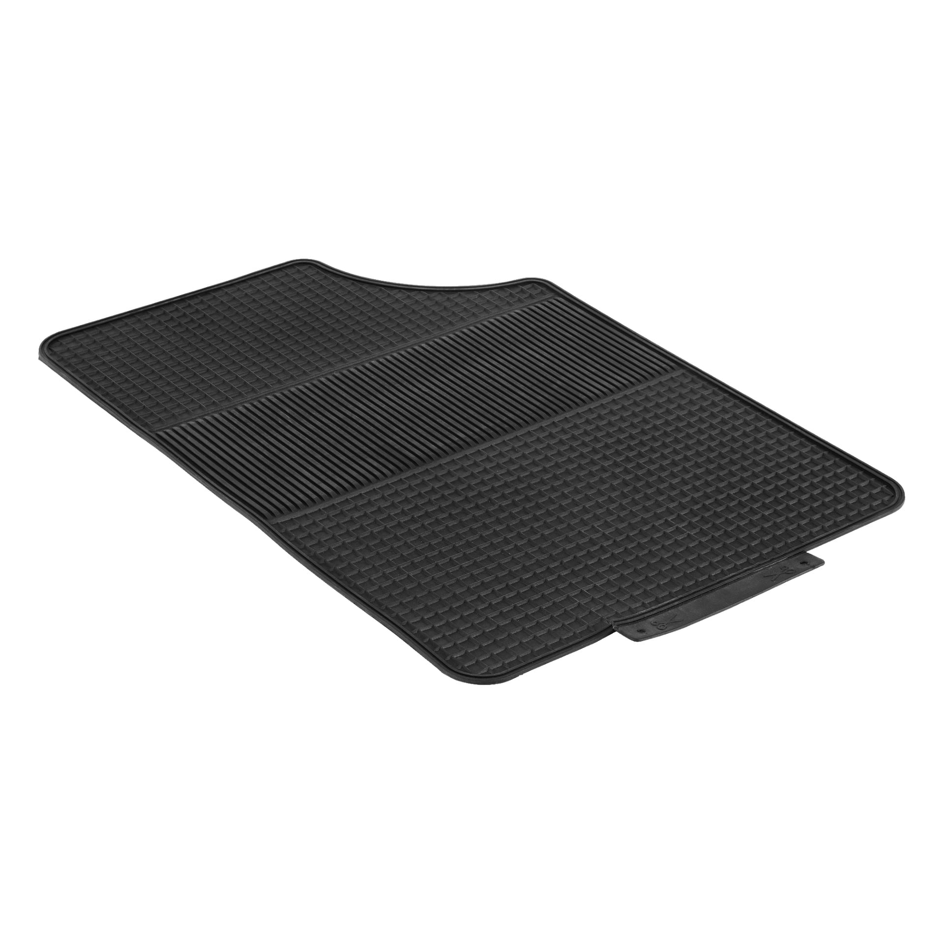 En svart gummimatta från Hamron Car mats fyrdelade set har ett texturerat rutmönster med horisontella spår. Den har en lätt böjd kant och en liten flik med markeringar på ena sidan.
