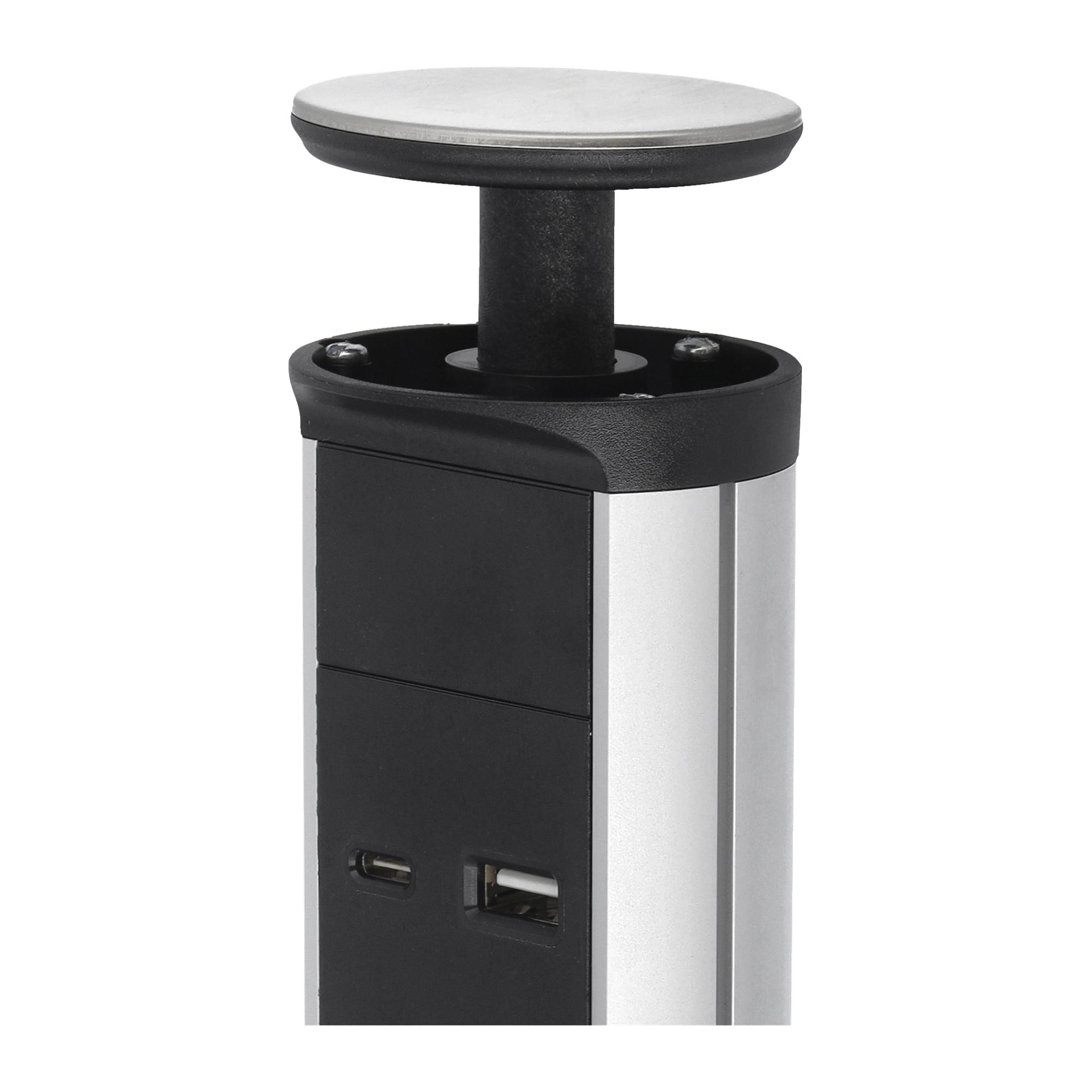 Anslut Strømstripe Pop-up vises i delvis forlengelse, og fremhever det runde toppdesignet, aluminiumssidene og svarte frontpanelet med tydelig synlige USB- og USB-C-porter.