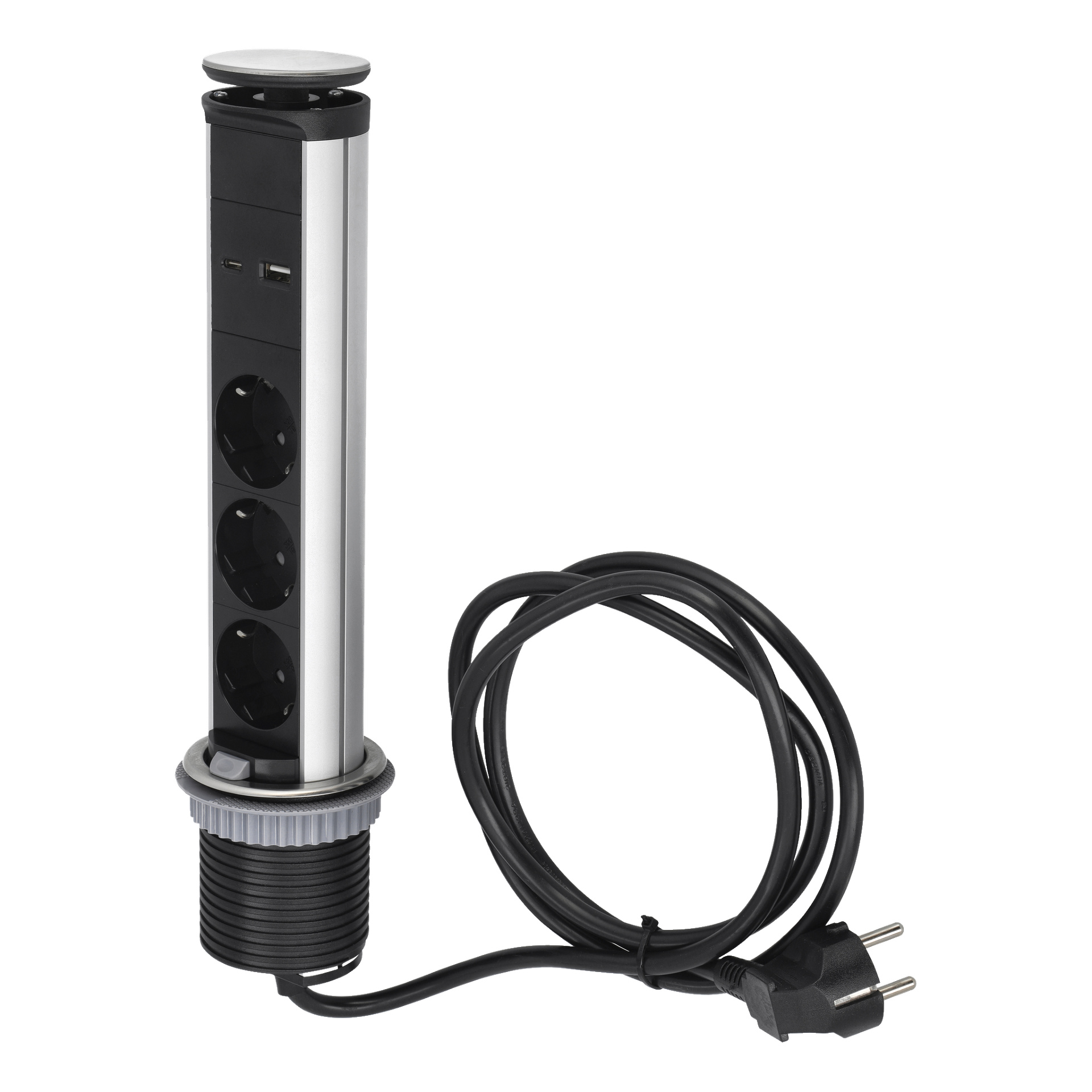 Anslut Power Strip Pop-up er en sølv- og svart enhet laget for å installeres i pulter eller benkeplater. Den inneholder tre sirkulære strømkontakter, to USB-porter og en svart ledning som ender med en europeisk plugg.