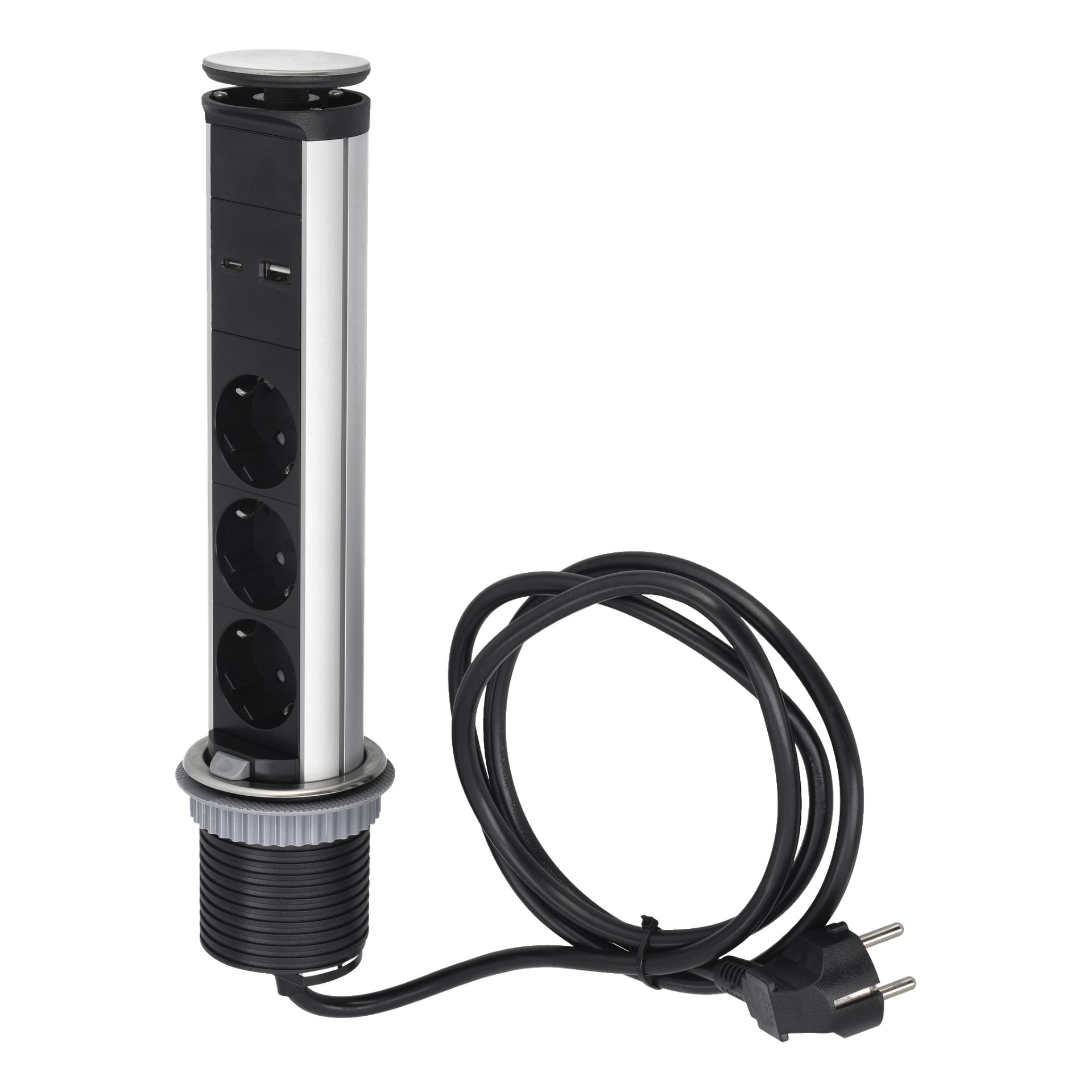 Anslut Power Strip Pop-up er en sølv- og svart enhet laget for å installeres i pulter eller benkeplater. Den inneholder tre sirkulære strømkontakter, to USB-porter og en svart ledning som ender med en europeisk plugg.