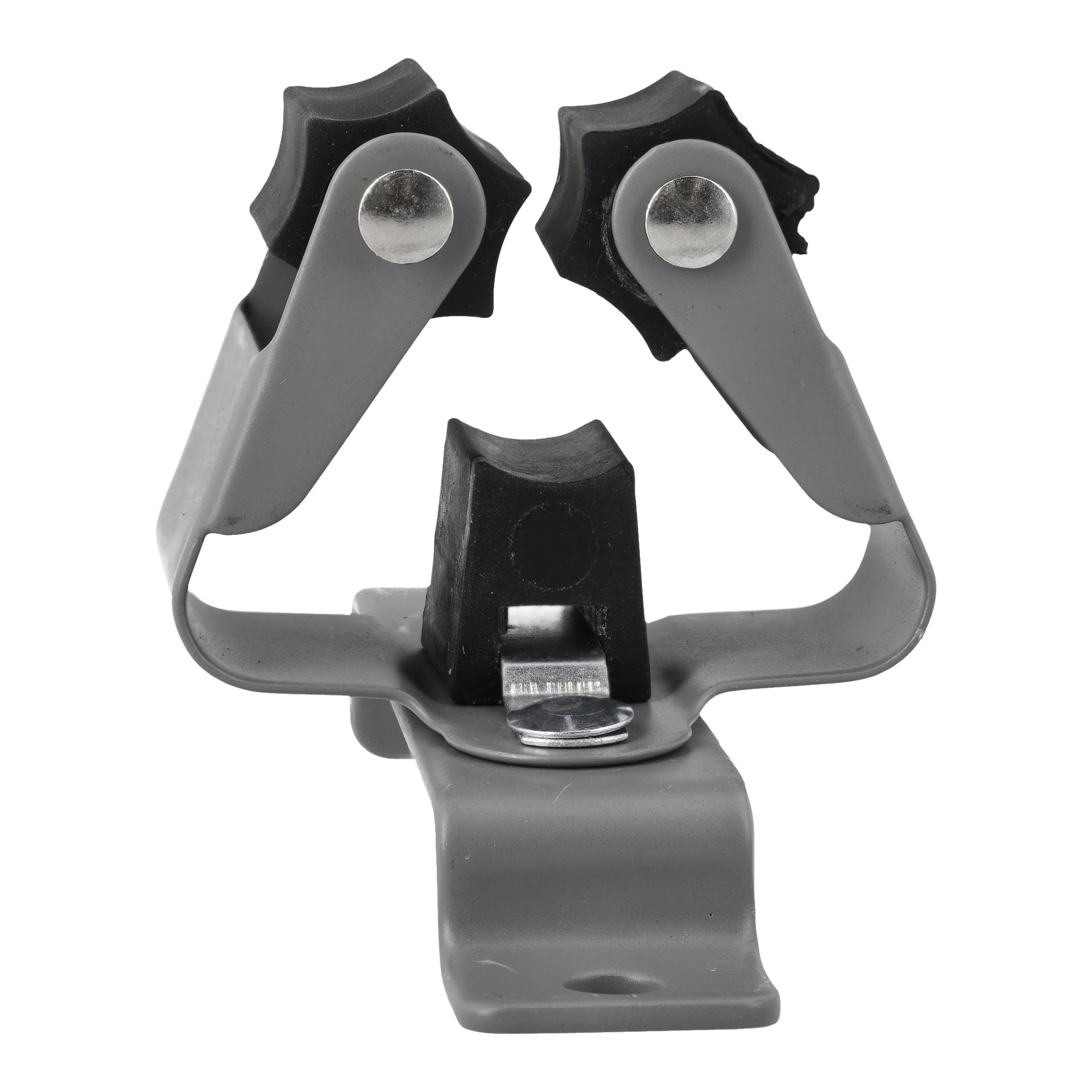 Hard Head Equipment Holder har en grå metallkropp med två armar spetsade i svart gummi, där varje arm är utrustad med en stjärnformad ratt och ett centralt metallfäste för justerbart grepp. Klämman står upprätt, designad för att säkra olika föremål ordentligt.