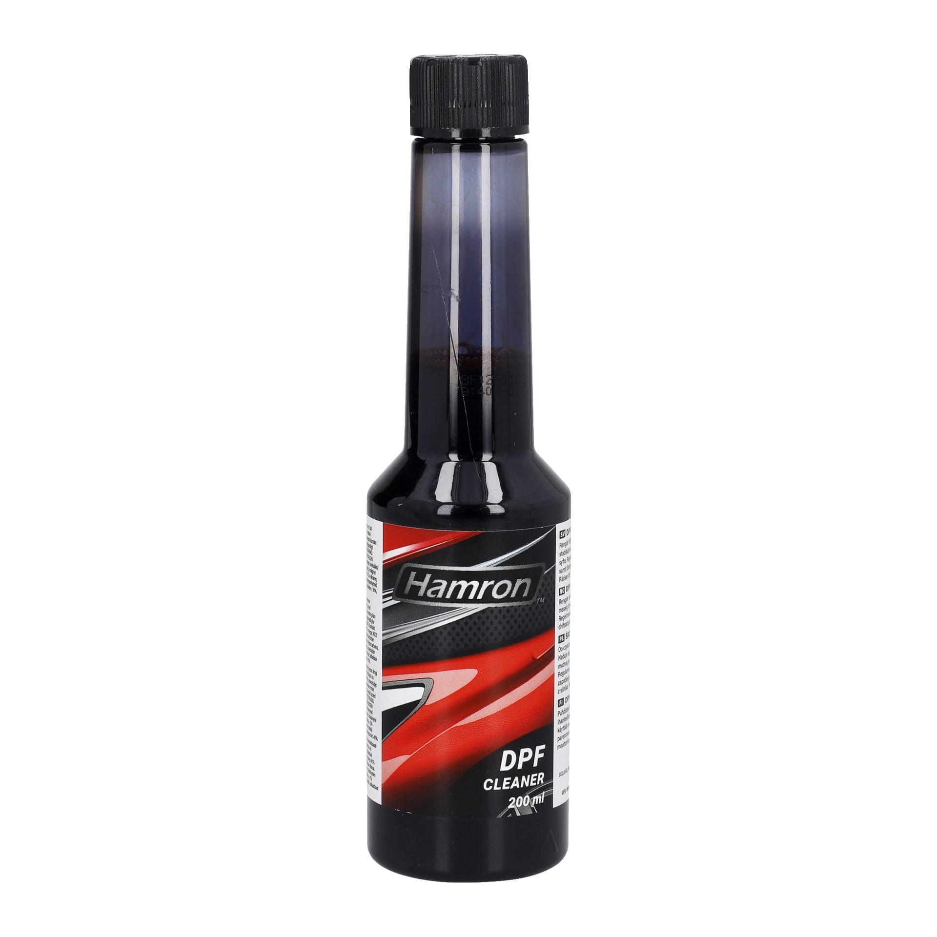 En 200 ml svart plastflaska för Hamron DPF-rengöring med räfflad kork och en röd, svart och silverfärgad etikett, avsedd för underhåll av dieselpartikelfilter i fordon.