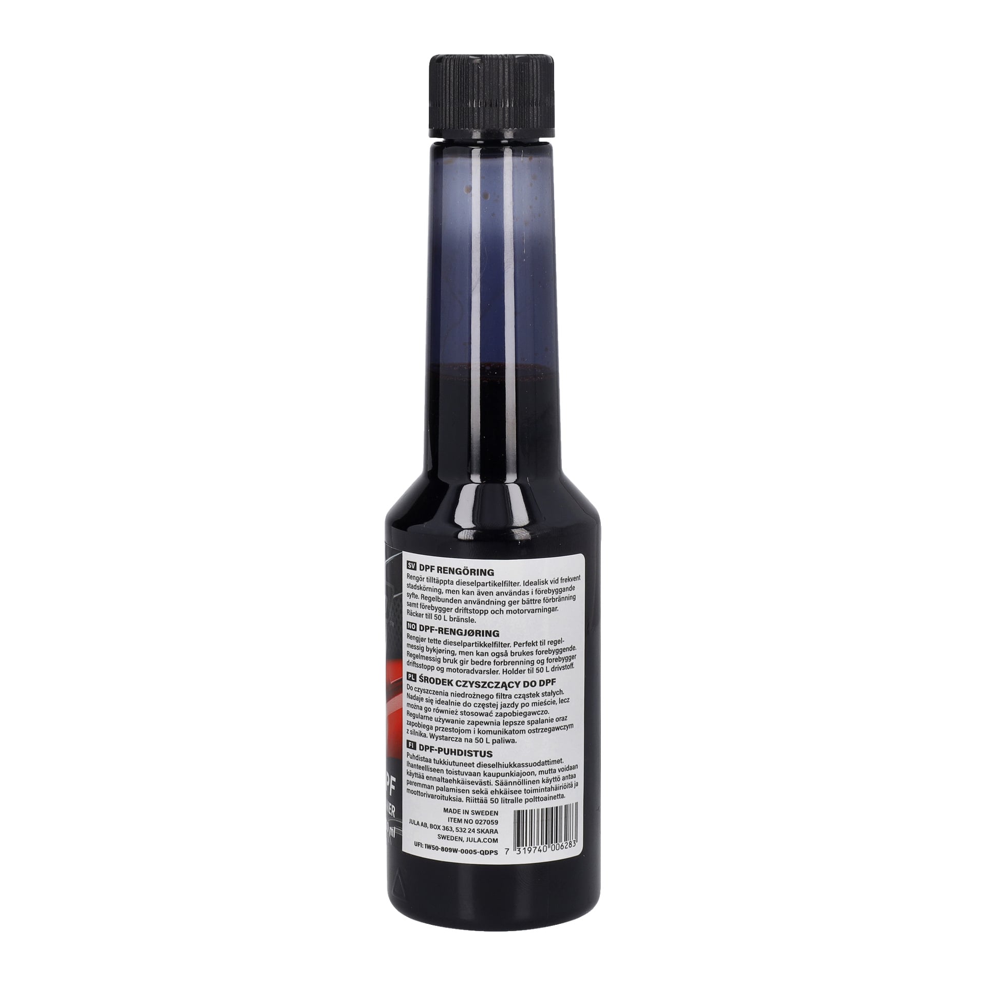 En svart plastflaska med lång hals, med en Hamron DPF-rengöringsvätskeetikett. Etiketten ger produktinformation och användningsinstruktioner på flera språk.