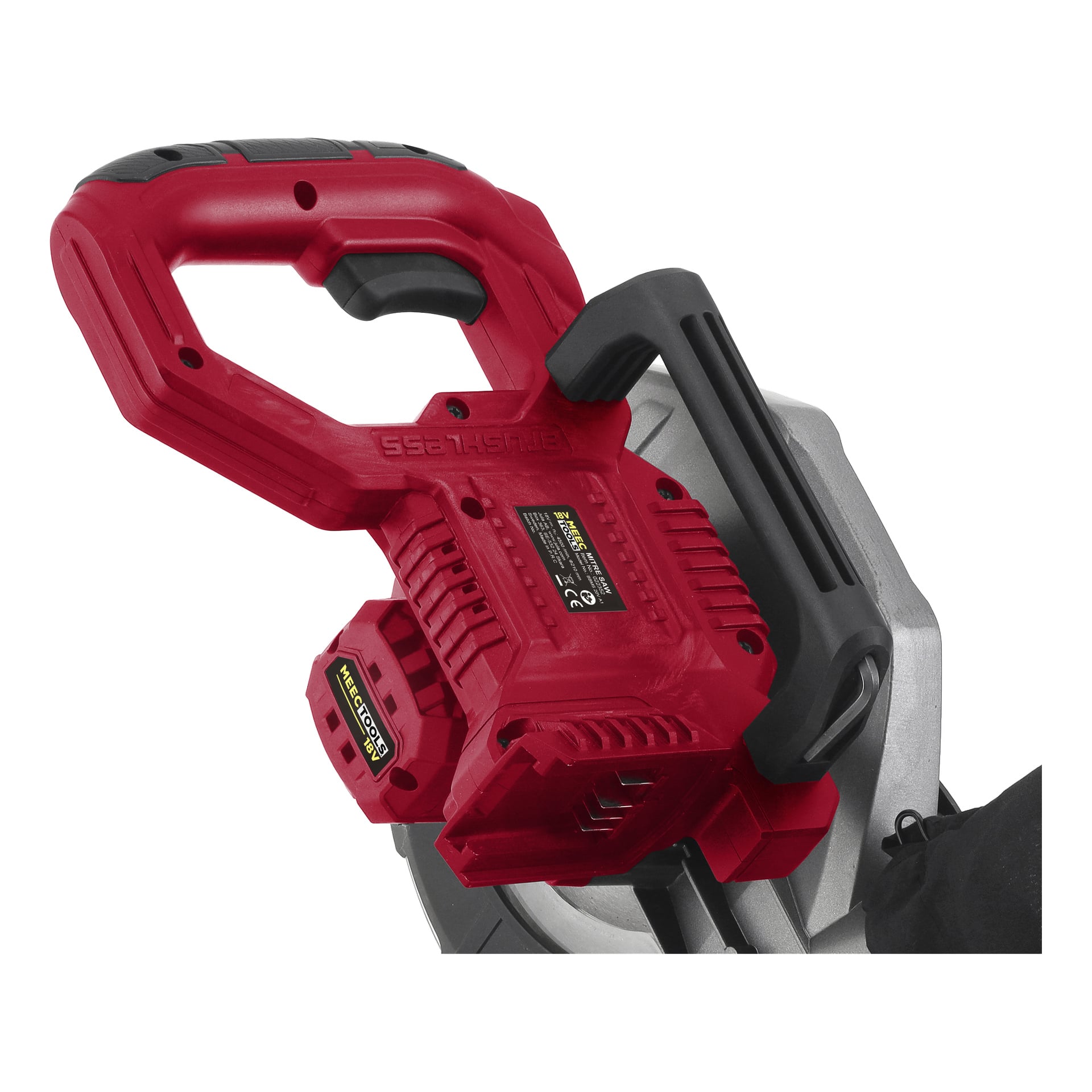 Nahaufnahme des roten Griffs der batteriebetriebenen Gehrung der Meec Tools Multiseries zeigte die MS-18V HOME 500, die einen schwarzen Hilfsgriff und ein freiliegendes Batteriefach zeigte.