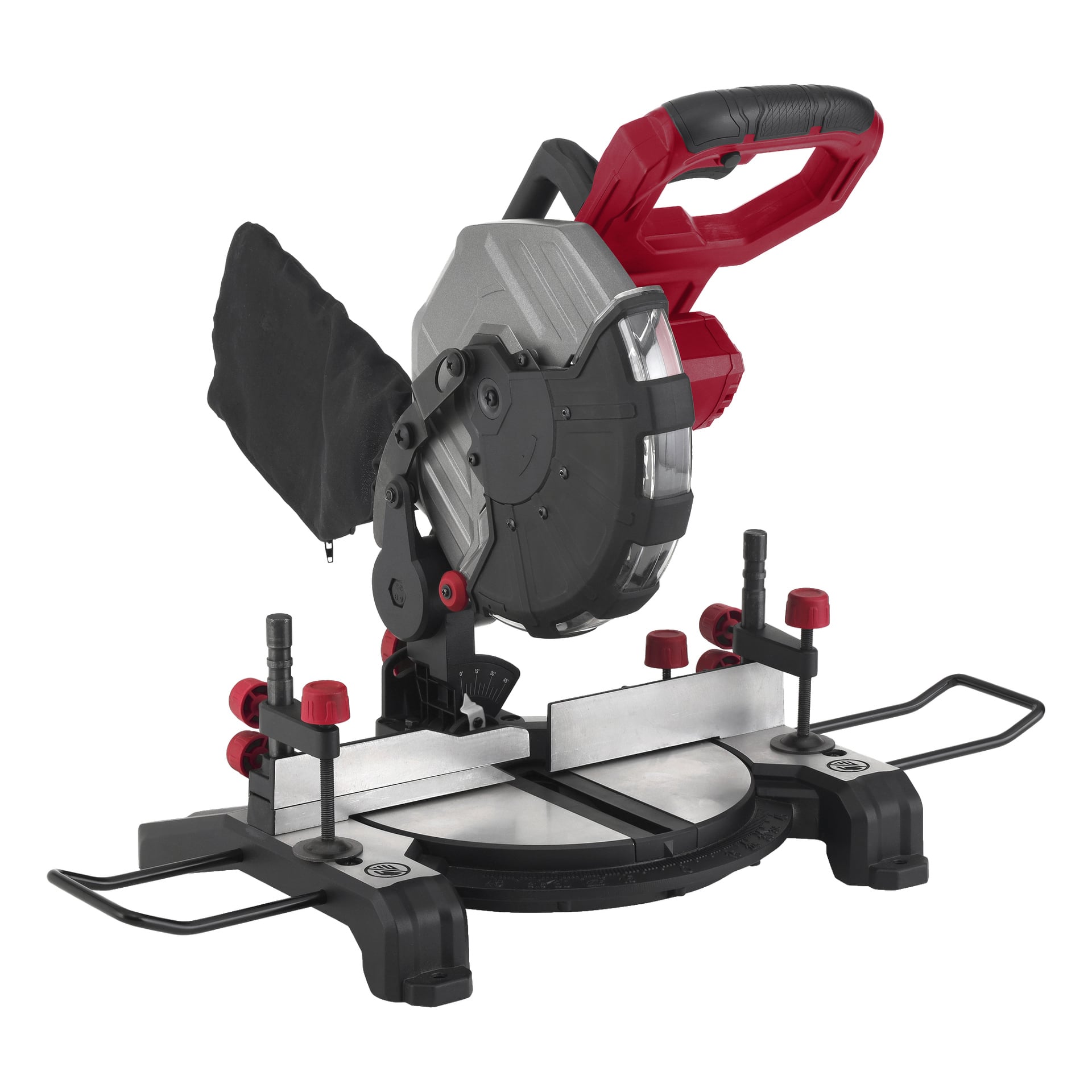 Die Meec Tools Multiseries MS-18V HOME 500 ist eine batteriebetriebene Gehrungssäge mit rotem und schwarzem Griff, verstellbaren Klemmen, einer runden Schneidklinge, einem Staubsammelbeutel und einem massiven Metallboden – konzipiert für präzise schräg geschnittene Holz- oder Materialschnitte.