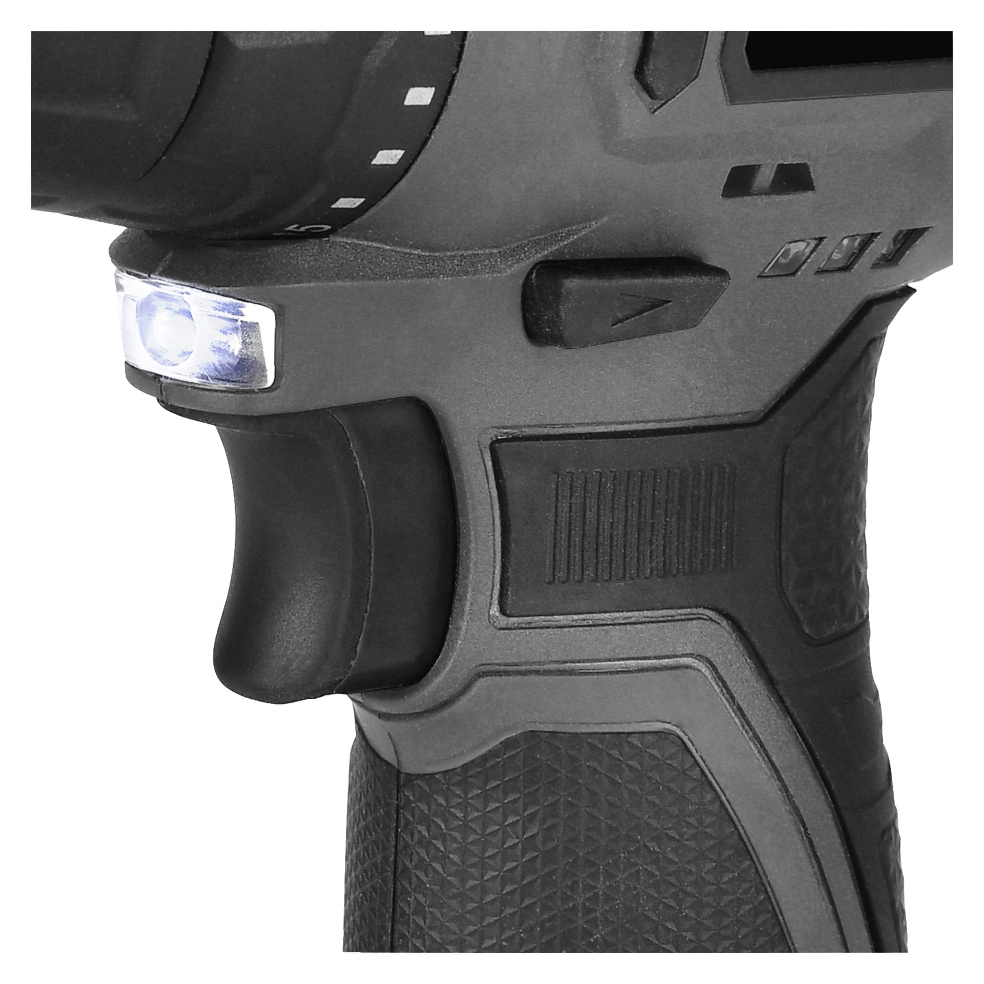 Detaljerad vy av handtaget på en Meec Tools Multiseries 12 V kompakt skruvmejsel, som visar dess texturerade grepp, avtryckare och en tänd LED-arbetslampa placerad precis ovanför avtryckaren.