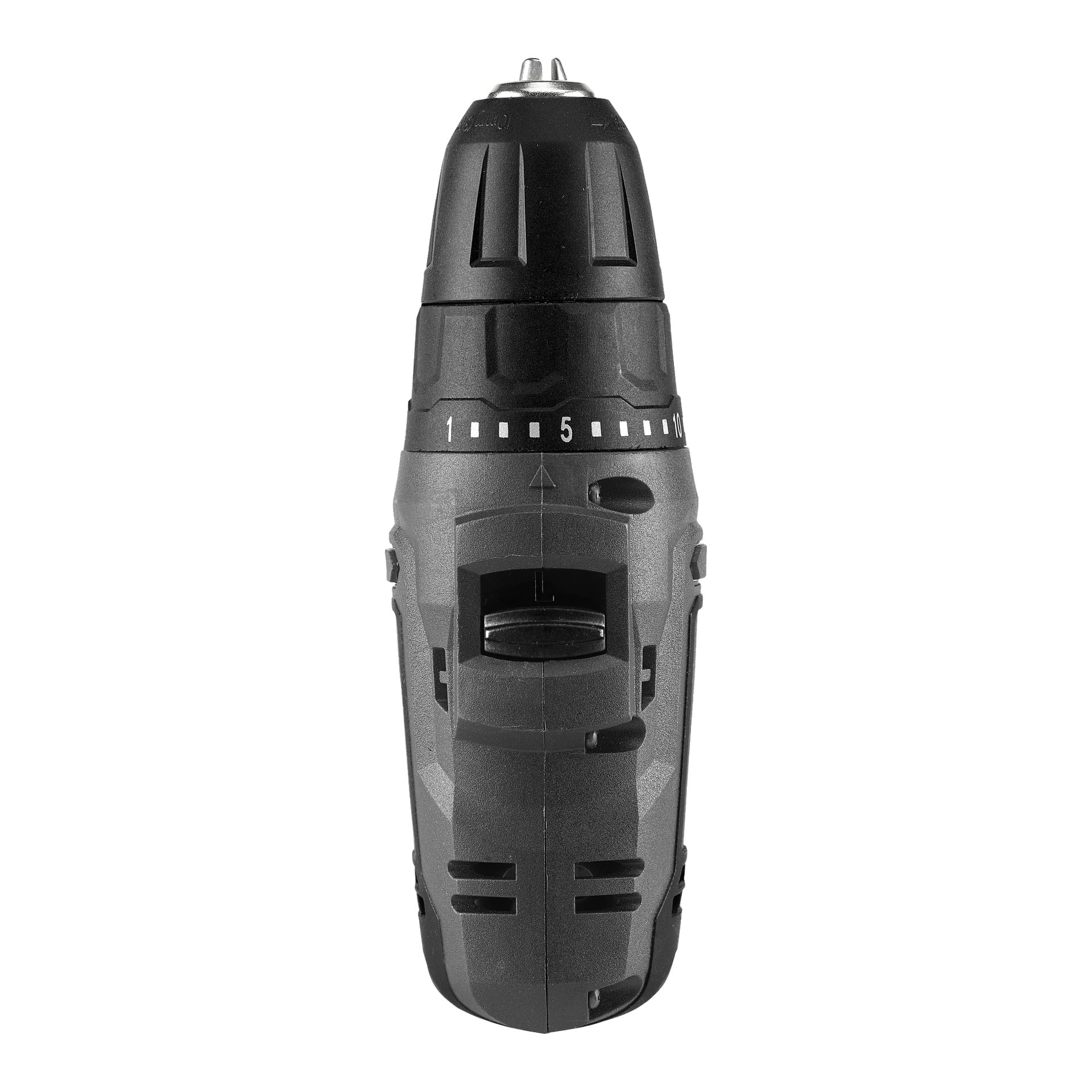 En Meec Tools Multiseries 12 V kompakt skruvmejsel visas framifrån, med sin svarta justerbara chuck, numrerade vridmomentinställningar från 1 till 10 samt ett grått plasthölje med ventilationsspår och en lägesväljare.