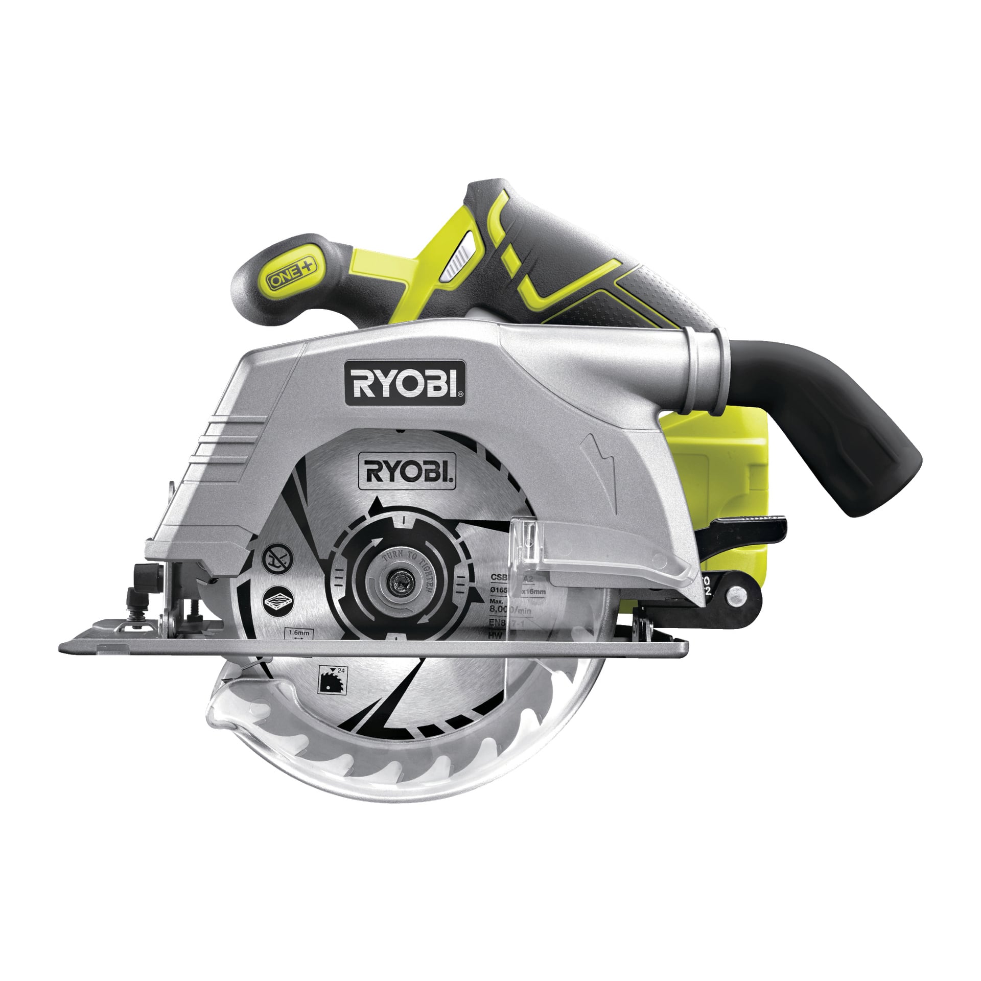En Ryobi One+ cirkelsåg med grått och gult handtag och synligt snurrande blad, med märkning på sidan.