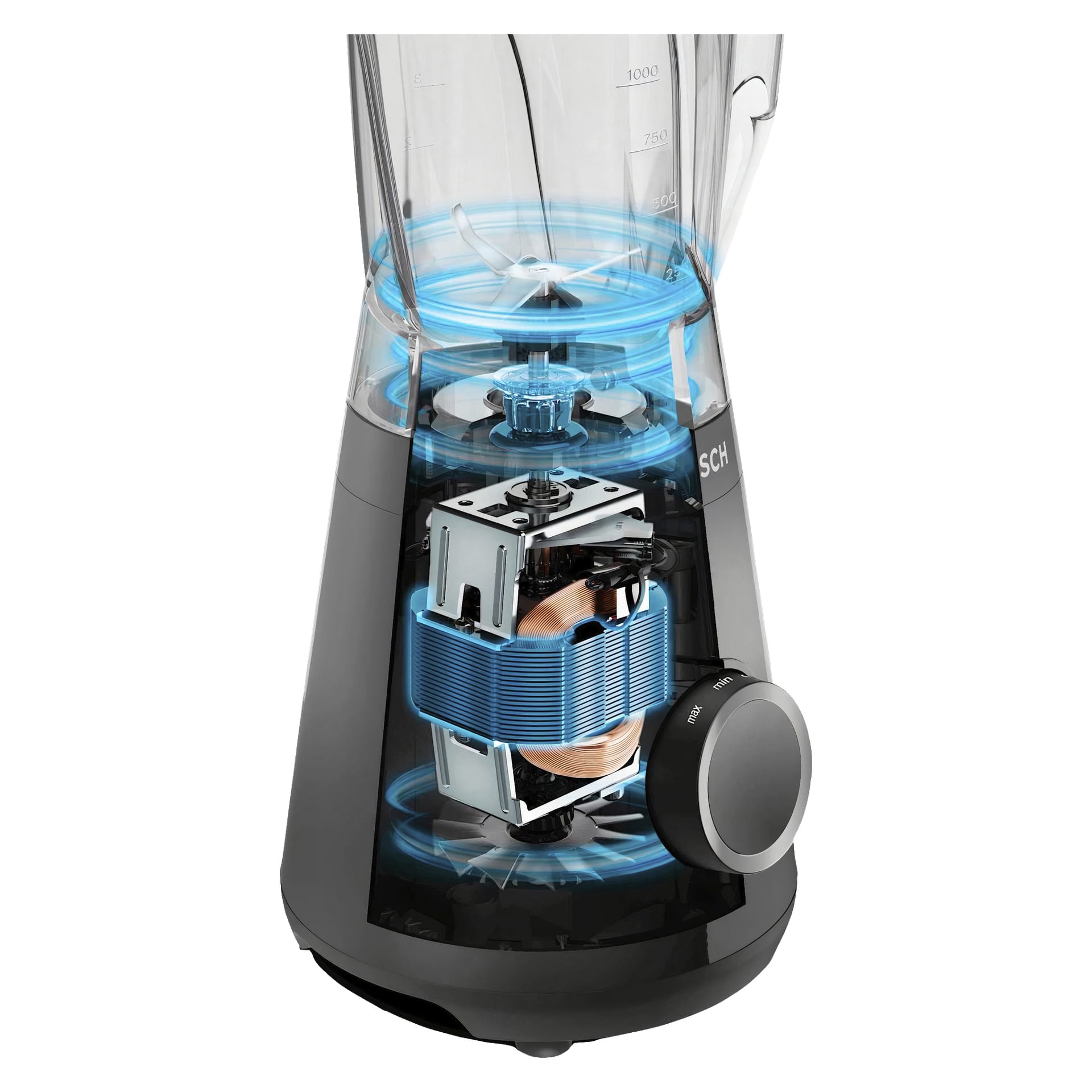 Bosch Home Blender MMB6141B visar en halvtransparent bas, vilket gör dess inre delar som motor och ledningar synliga. Blå ljusdetaljer framhäver energins rörelse inuti, och en kontrollratt sticker ut på framsidan av mixern.