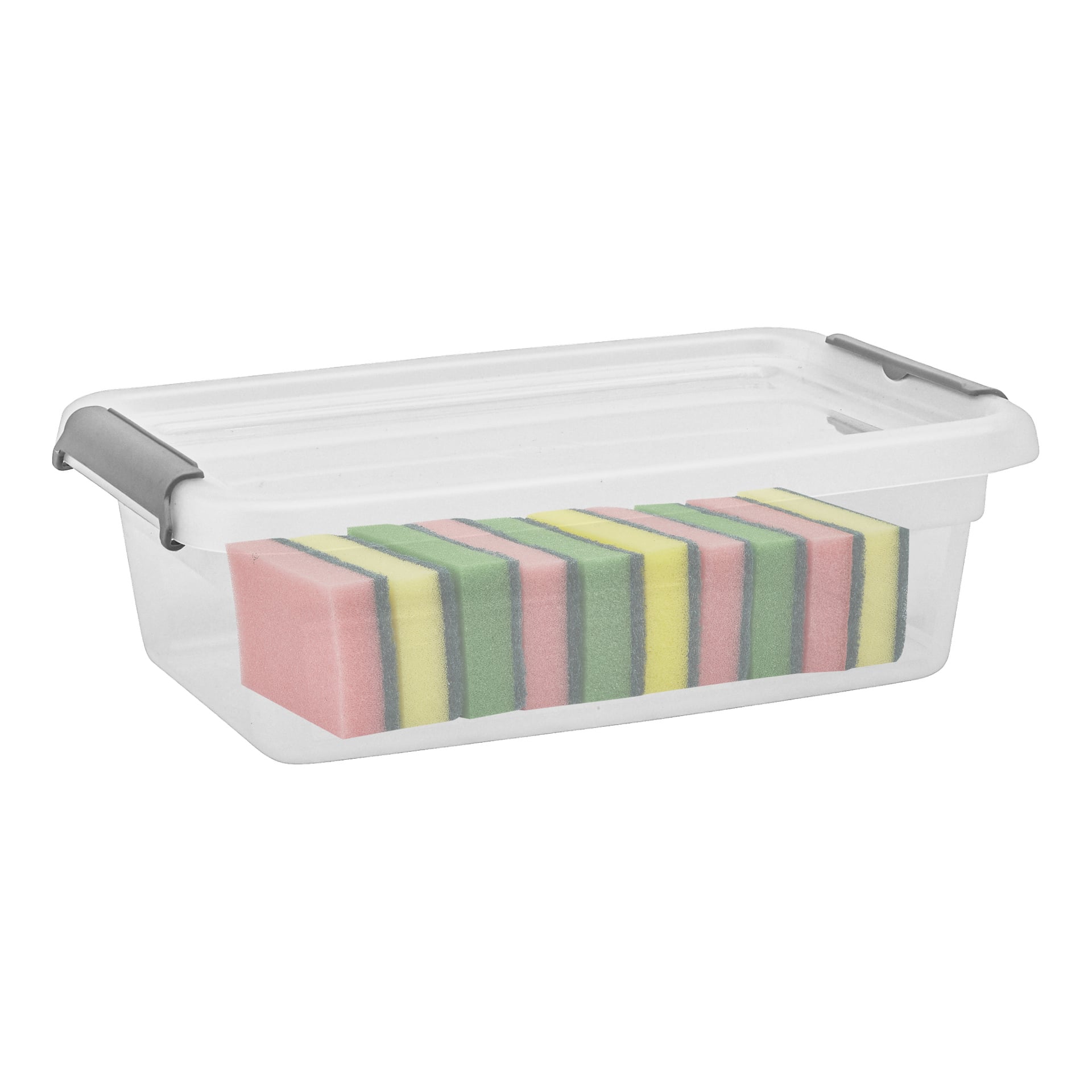 Eine durchsichtige Kunststoff-Hard-Head-Aufbewahrungsbox mit Deckel und grauen Griffen enthält eine ordentliche Reihe rechteckiger Schwämme, die in abwechselnden Farben Pink, Grün und Gelb angeordnet sind.