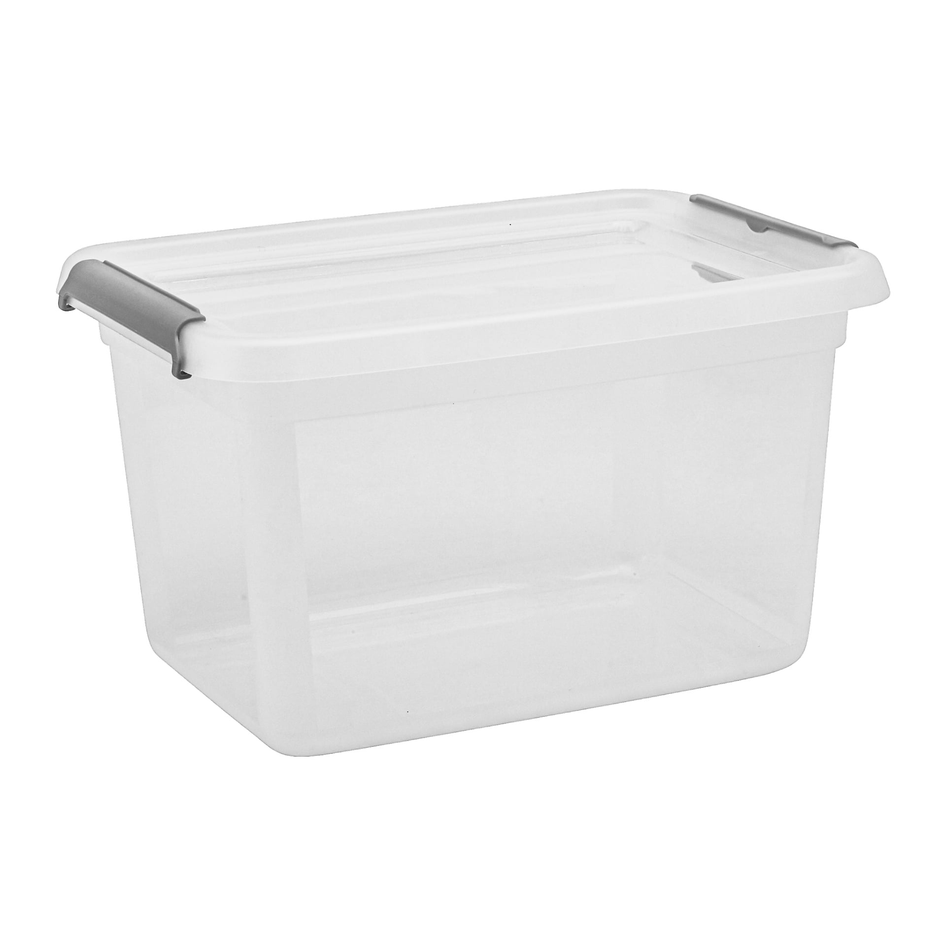En Hard Head Storage-låda med transparent plastkropp, vitt lock och grå handtag visas tom.