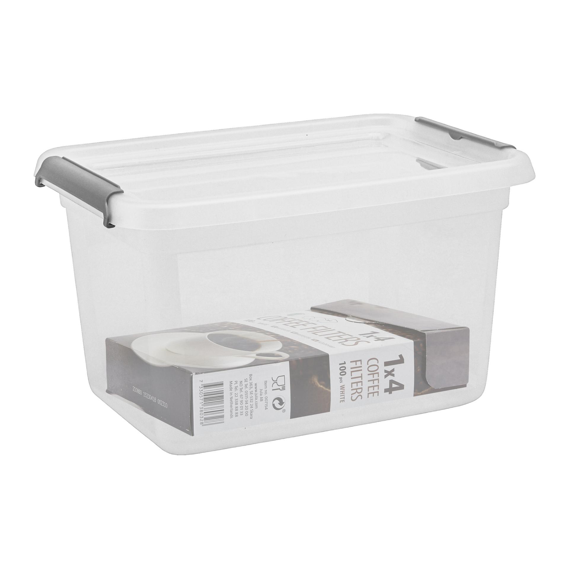 En Hard Head Storage-låda med genomskinlig bas, vit topp och grå handtag innehåller ett paket med 1x4 kaffefilter som visar en bild av en kaffekopp på förpackningen.