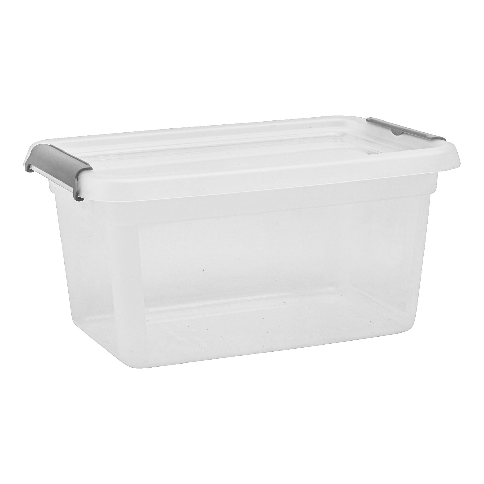 En Hard Head Storage-låda med genomskinlig plastkropp, matchande vitt lock och stadiga grå handtag.