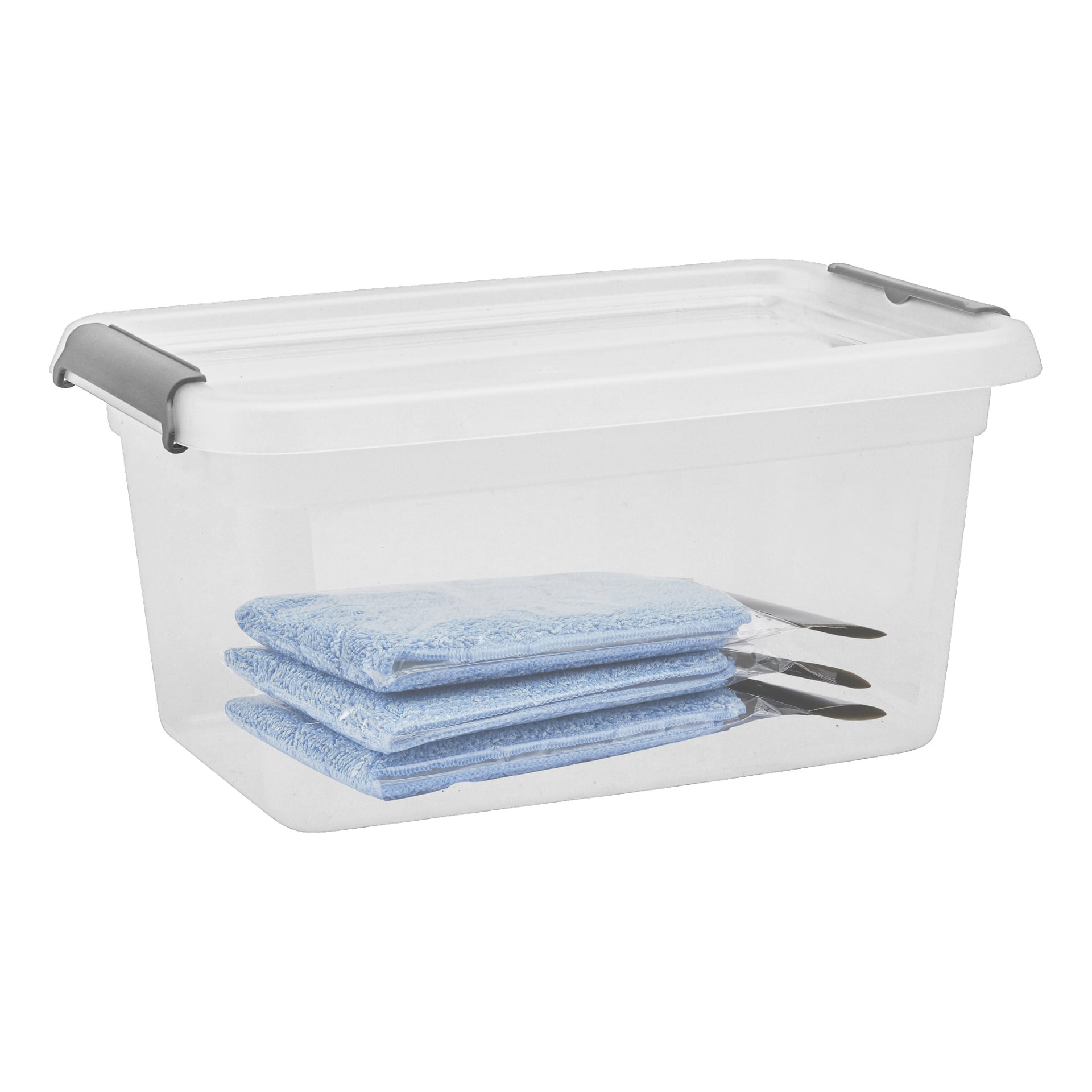 En genomskinlig plastlåda för Hard Head Storage med vitt lock och grå handtag rymmer tre blå handdukar, var och en individuellt inslagen. Förutom handdukarna är lådan tom.