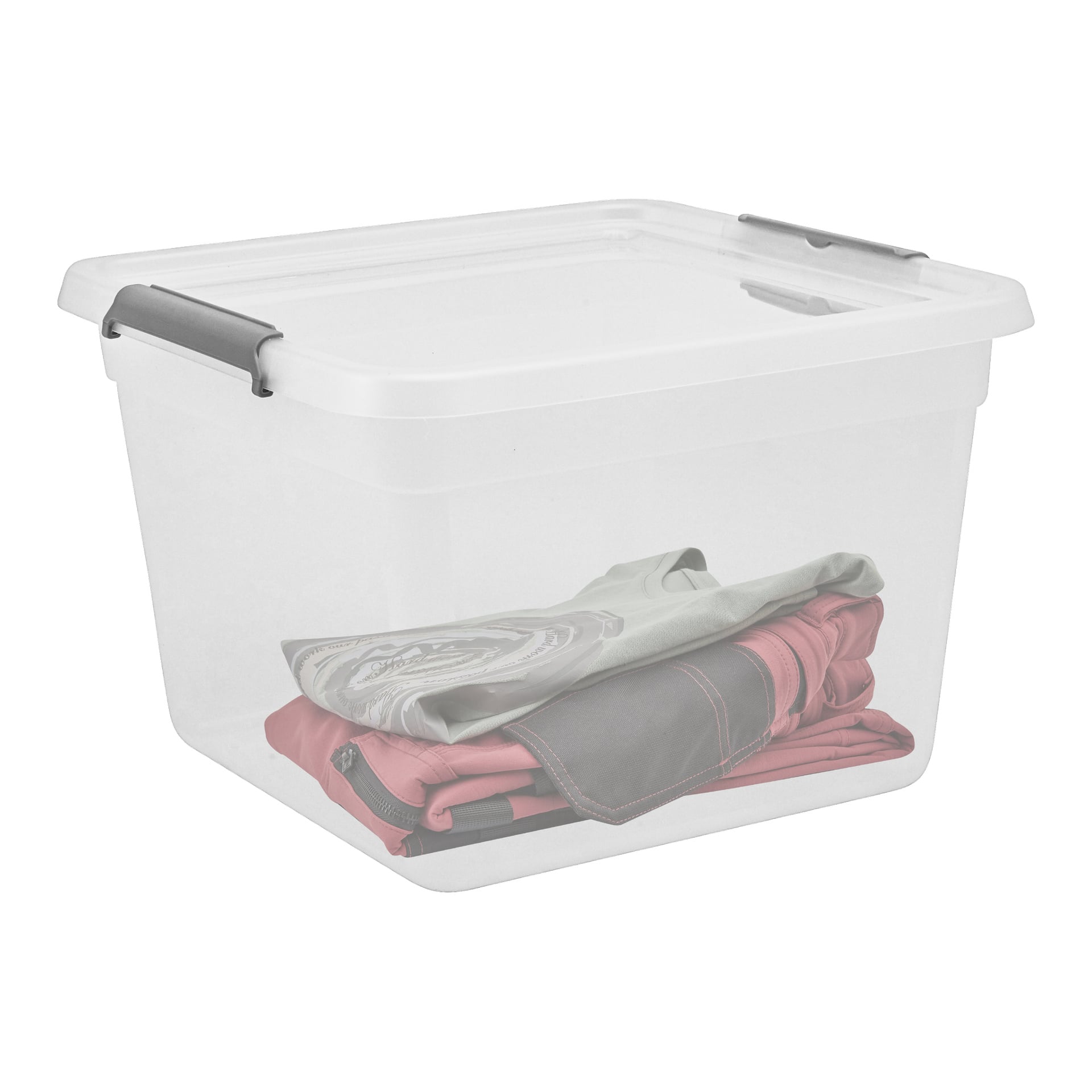 En Hard Head-förvaringslåda med genomskinlig plastkropp och grått handtag innehåller prydligt vikta kläder, inklusive en ljusgrå skjorta och röda byxor.