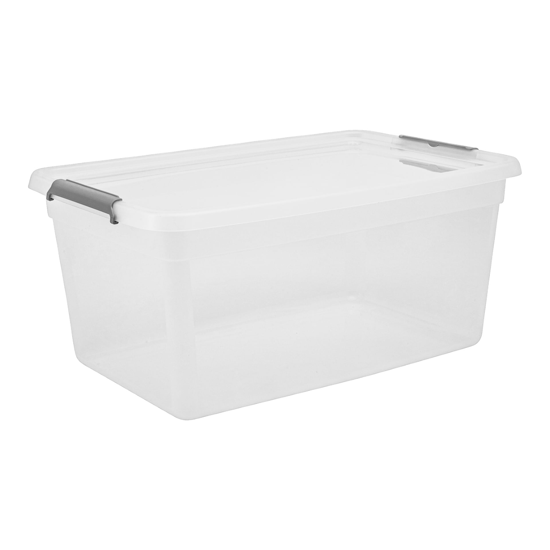 Eine klare, rechteckige Hard Head Storage Box mit montiertem Deckel und zwei grauen Seitengriffen ist leer dargestellt.