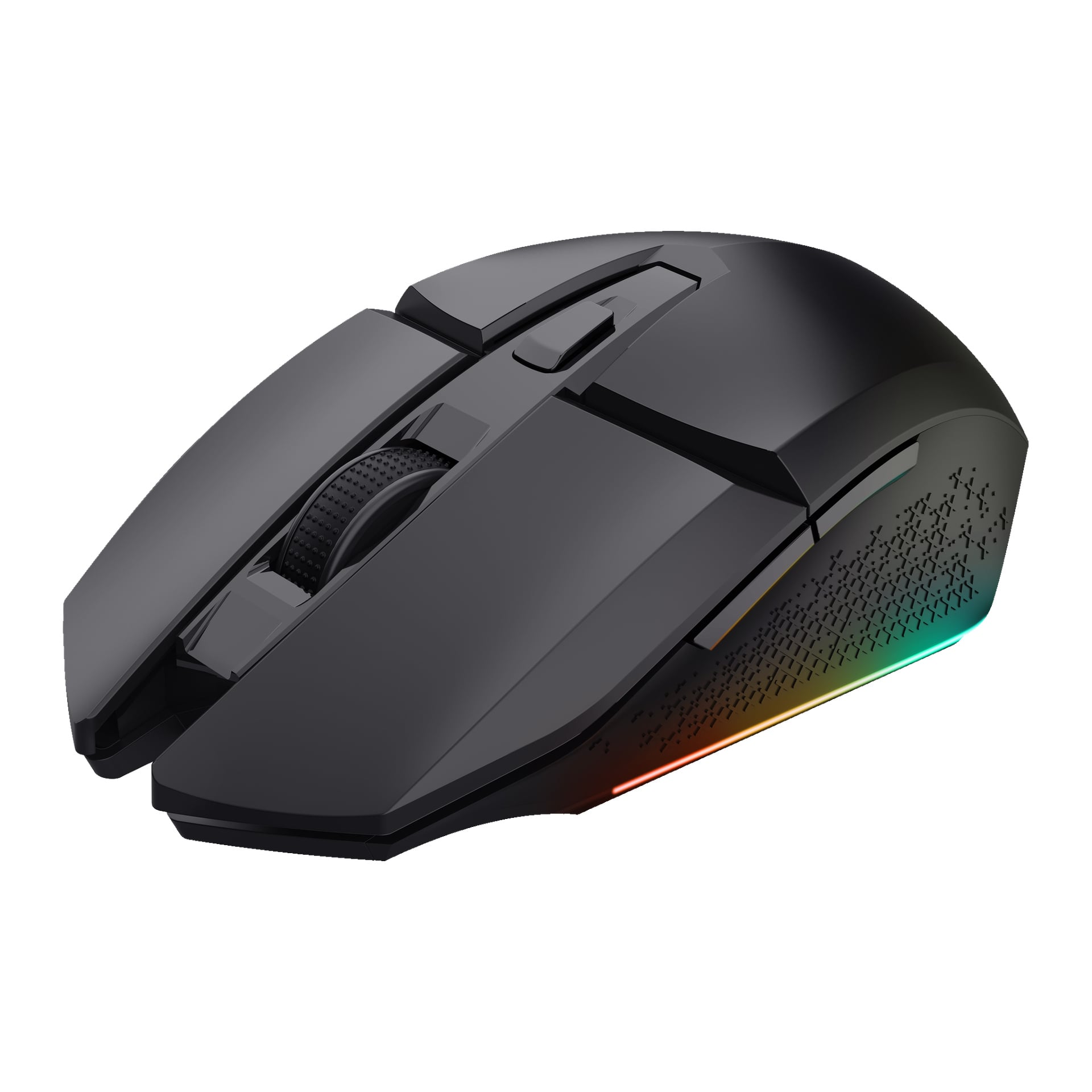 Zestaw myszy gamingowej Trust Gaming Wireless oraz podkładki GXT 112 FELOX zawiera czarną, kanciastą mysz z kółkiem przewijania, dwa górne przyciski, dodatkowy przycisk boczny oraz kolorowe podświetlenie RGB podkreślające podstawę i boki.