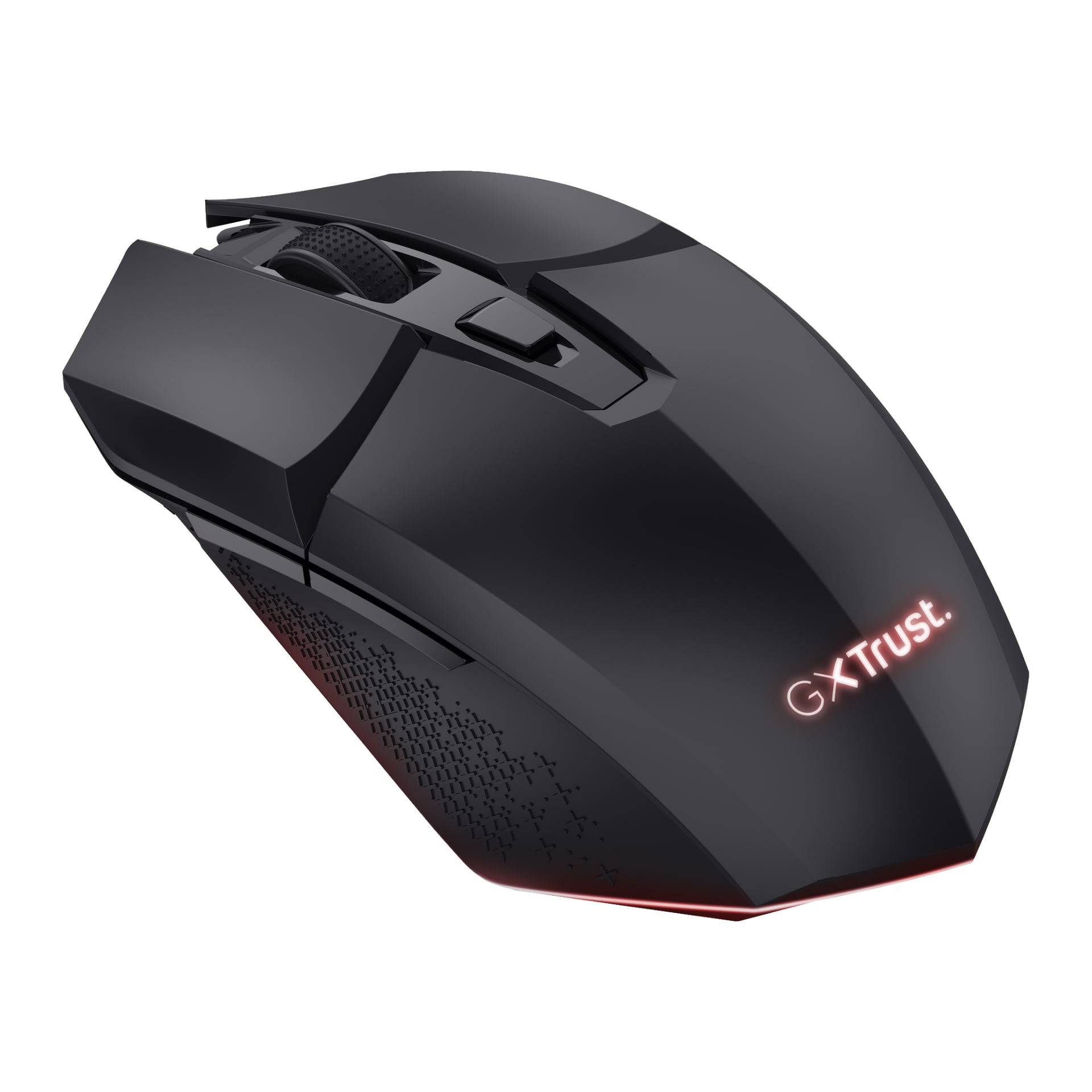 Obok pasującej do niej wyświetlana jest bezprzewodowa mysz Trust Gaming GXT 112 Felox, zaprojektowana z kanciastymi konturami, teksturowanymi chwytami po bokach, kółkiem przewijania i świecącym logo Trust Gaming.