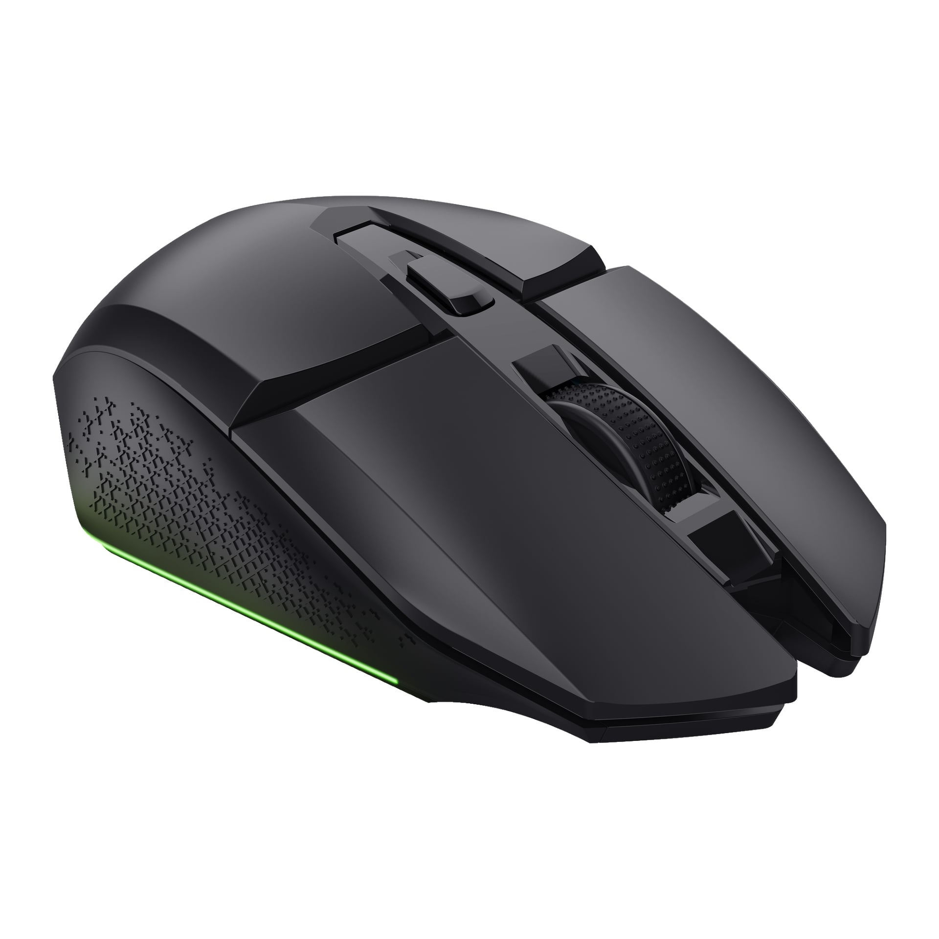 bezprzewodowa mysz Trust Gaming GXT 112 Felox wyposażona w kółko przewijania, boczne przyciski i teksturowany chwyt po boku. Zielony pasek światła biegnie blisko dolnej krawędzi, a zestaw jest dołączony do dwuczęściowego zestawu podkładek pod mysz.