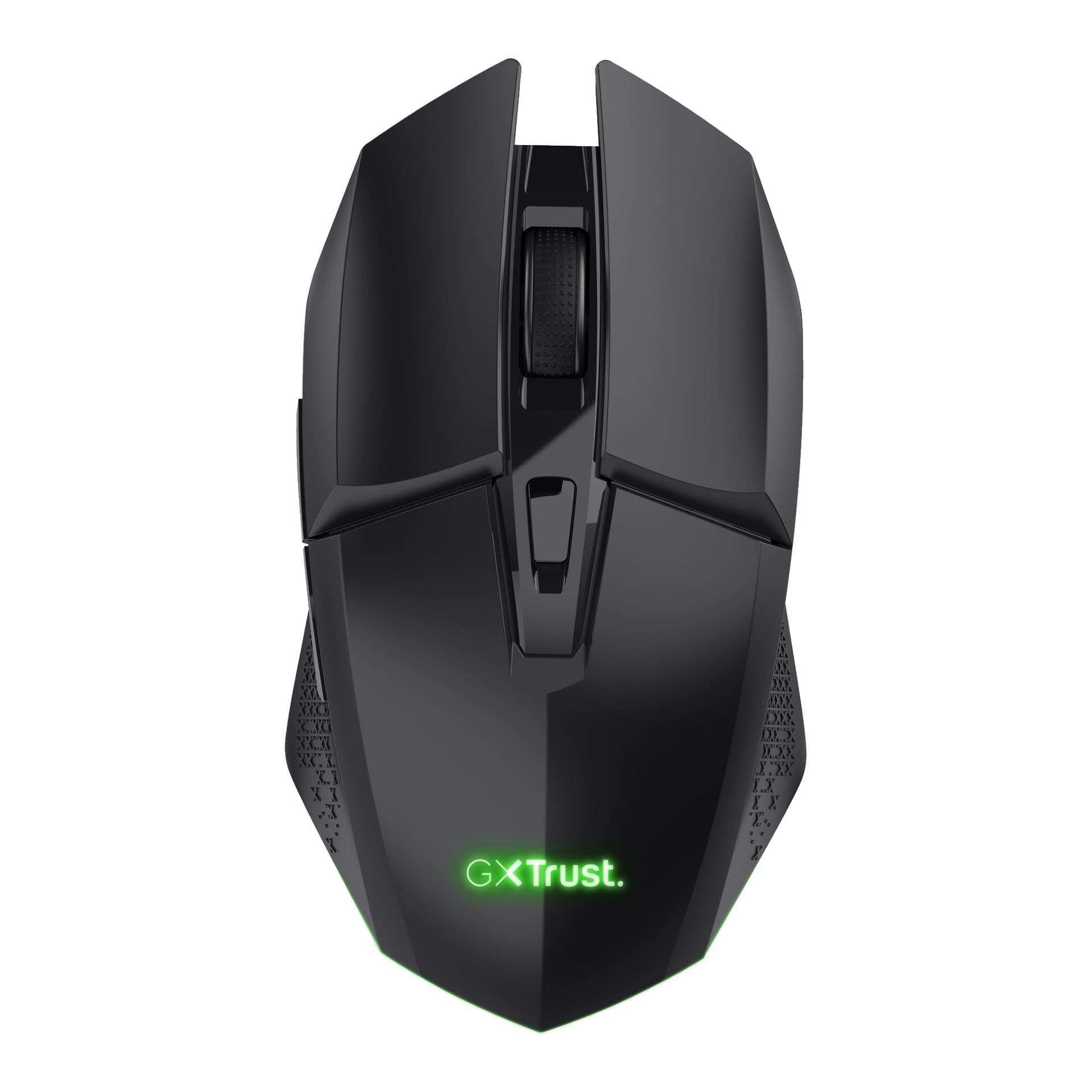 bezprzewodowa mysz Trust Gaming GXT 112 FELOX o kanciastej konstrukcji, teksturowanych bokach dla chwytu, kółku przewijania oraz zielonoświetlonym logo GX Trust na podkładce dłoni, widziane z góry.
