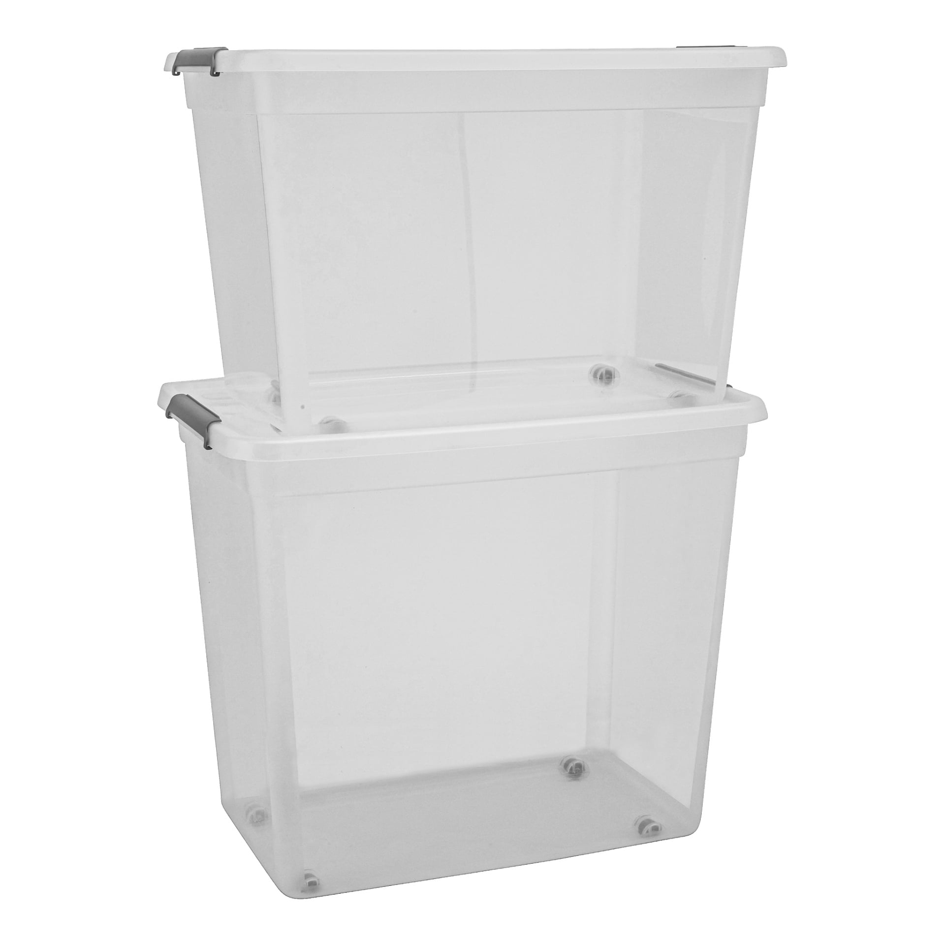 Zwei durchsichtige Hard Head Storage Boxes, jeweils mit weißem Deckel und grauen Seitenverschlüssen, sind übereinander gestapelt. Beide Boxen haben Räder und sind in der Größe identisch, ohne Inhalt im Inneren.
