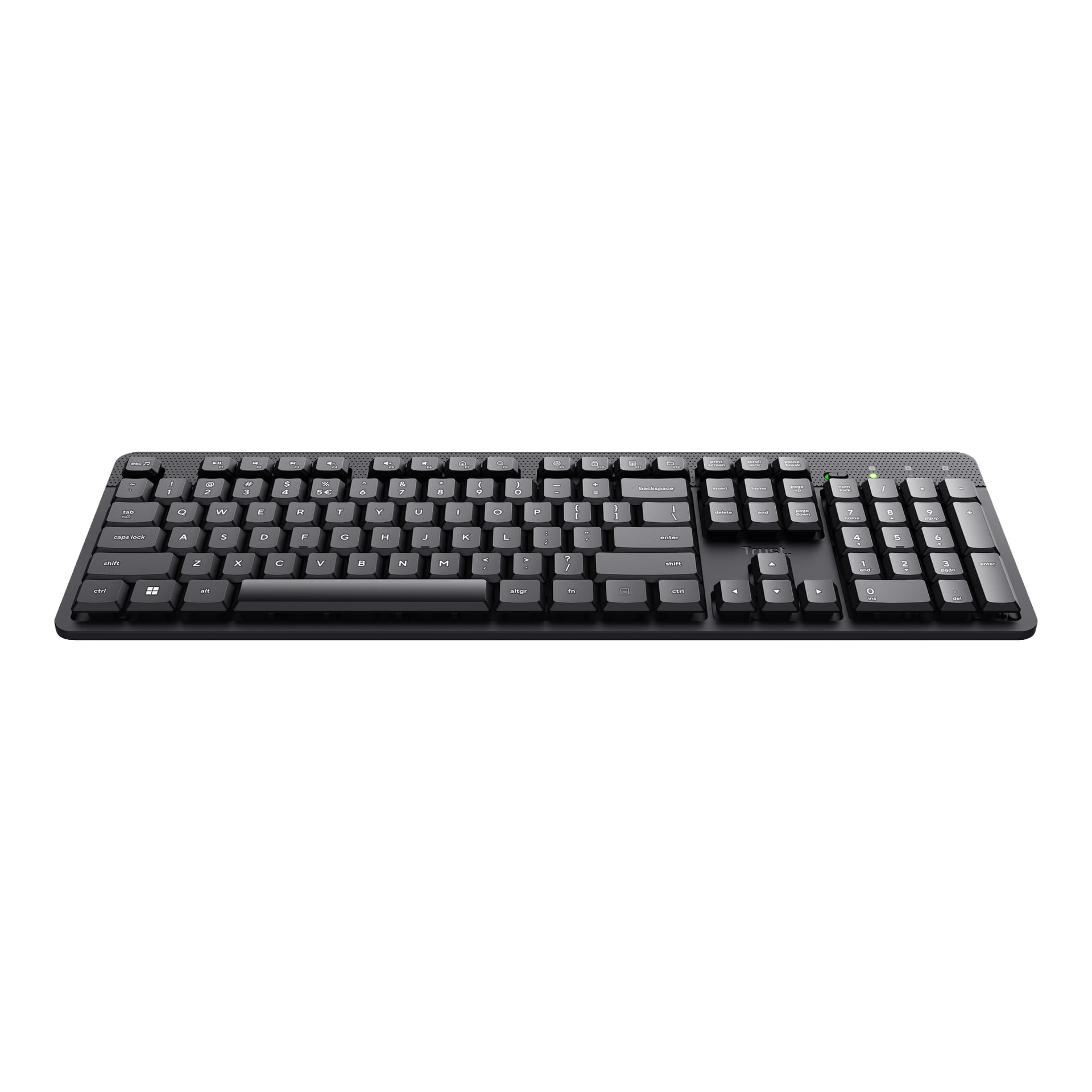 Trust Wireless-tastaturet Ody II er et svart tastatur med full QWERTY-layout, funksjonstaster øverst, et numerisk tastatur til høyre, og indikatorlys over tastaturet.