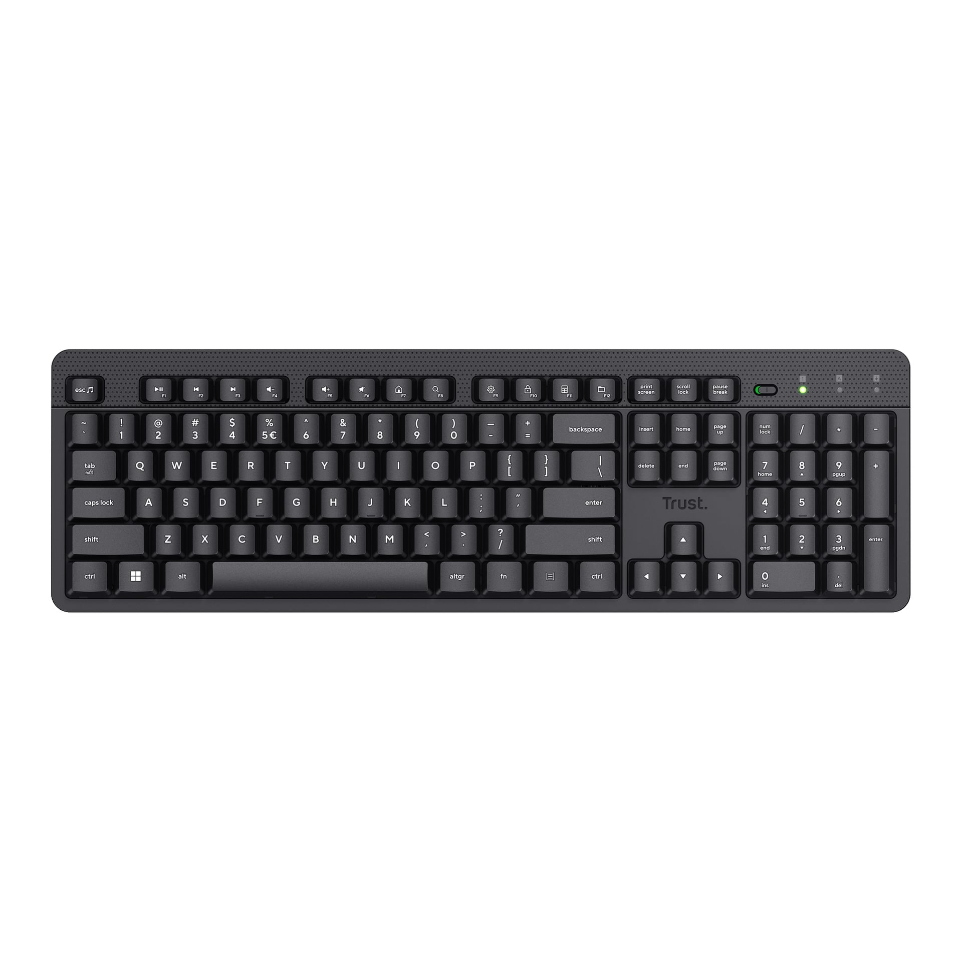 Trust Wireless keyboard Ody II" er et svart tastatur med hvite bokstaver, med full QWERTY-layout, funksjonstaster, et talltastatur til høyre og indikatorlys for num-lås, caps lock og scroll-lås.