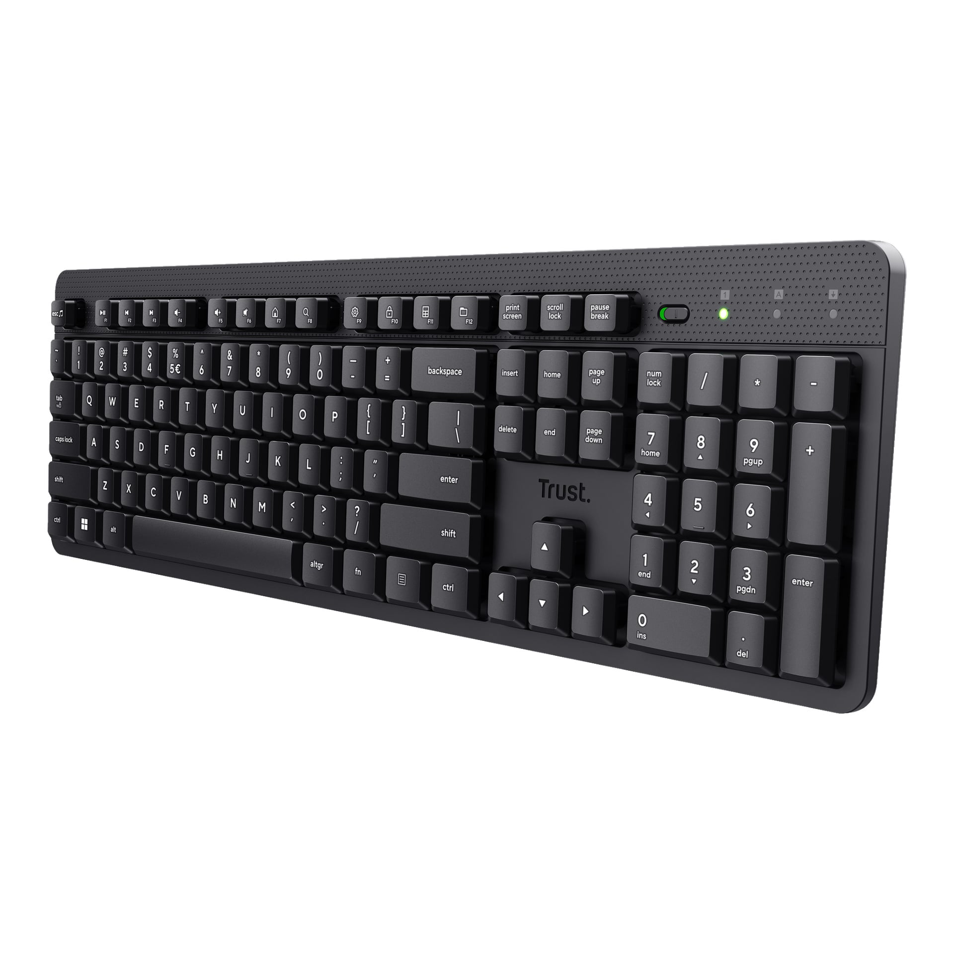 Trust Wireless-tastaturet Ody II, i svart, har et fullskala oppsett, numerisk tastatur, indikatorlys og dedikerte funksjons-, pil- og navigasjonstaster. Det er vinklet mot høyre.