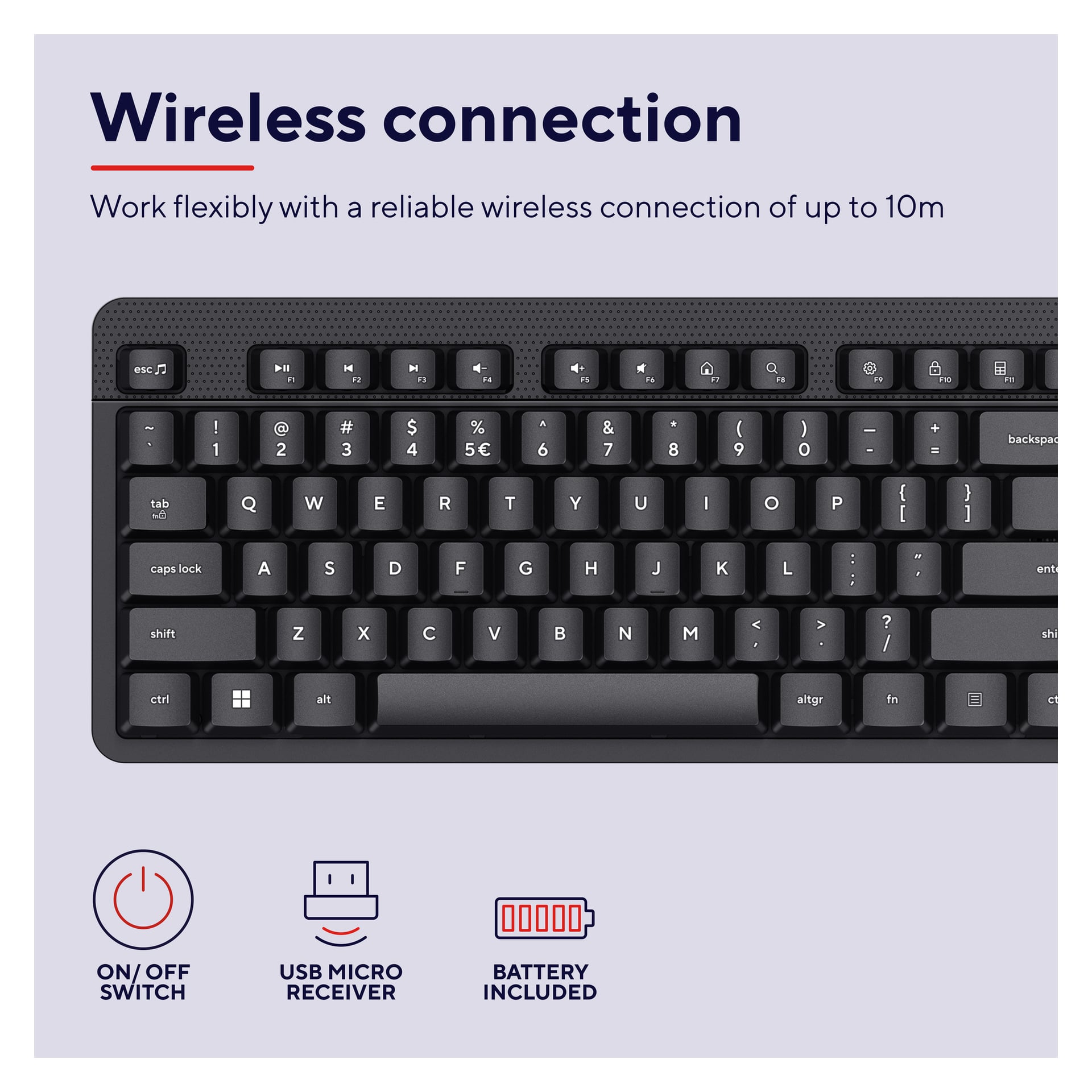 Trust Wireless-tastaturet Ody II har en stabil trådløs rekkevidde på opptil 10 meter, leveres med en AV/PÅ-bryter og USB-mikromottaker, og inkluderer batterier.
