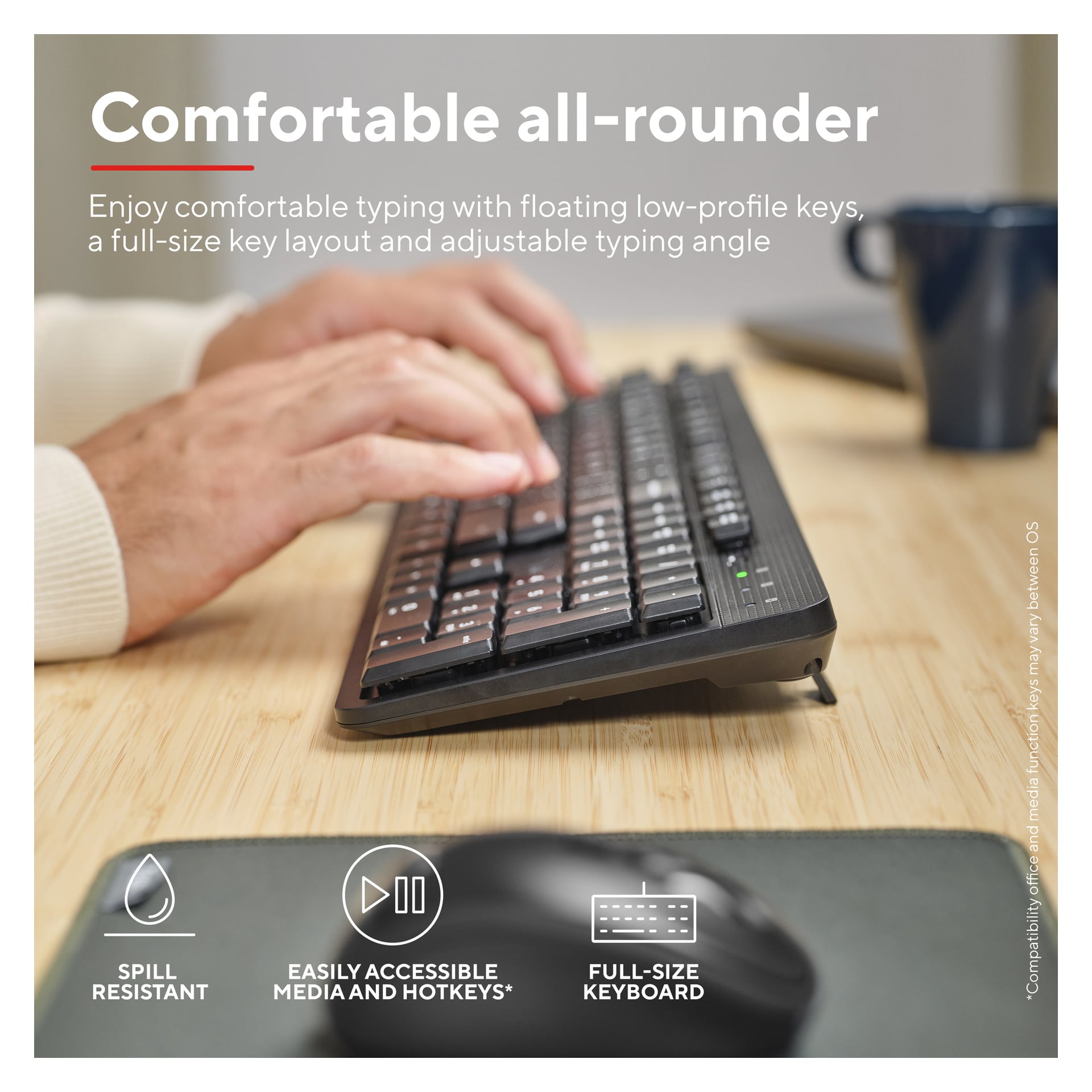 En person skriver på Trust Wireless keyboard Ody II, som har hevede, lavprofilerte taster og hviler på et trebord. En mus og skjerm er i nærheten, med teksten "Wireless Keyboard Ody II" vist over tastaturet.