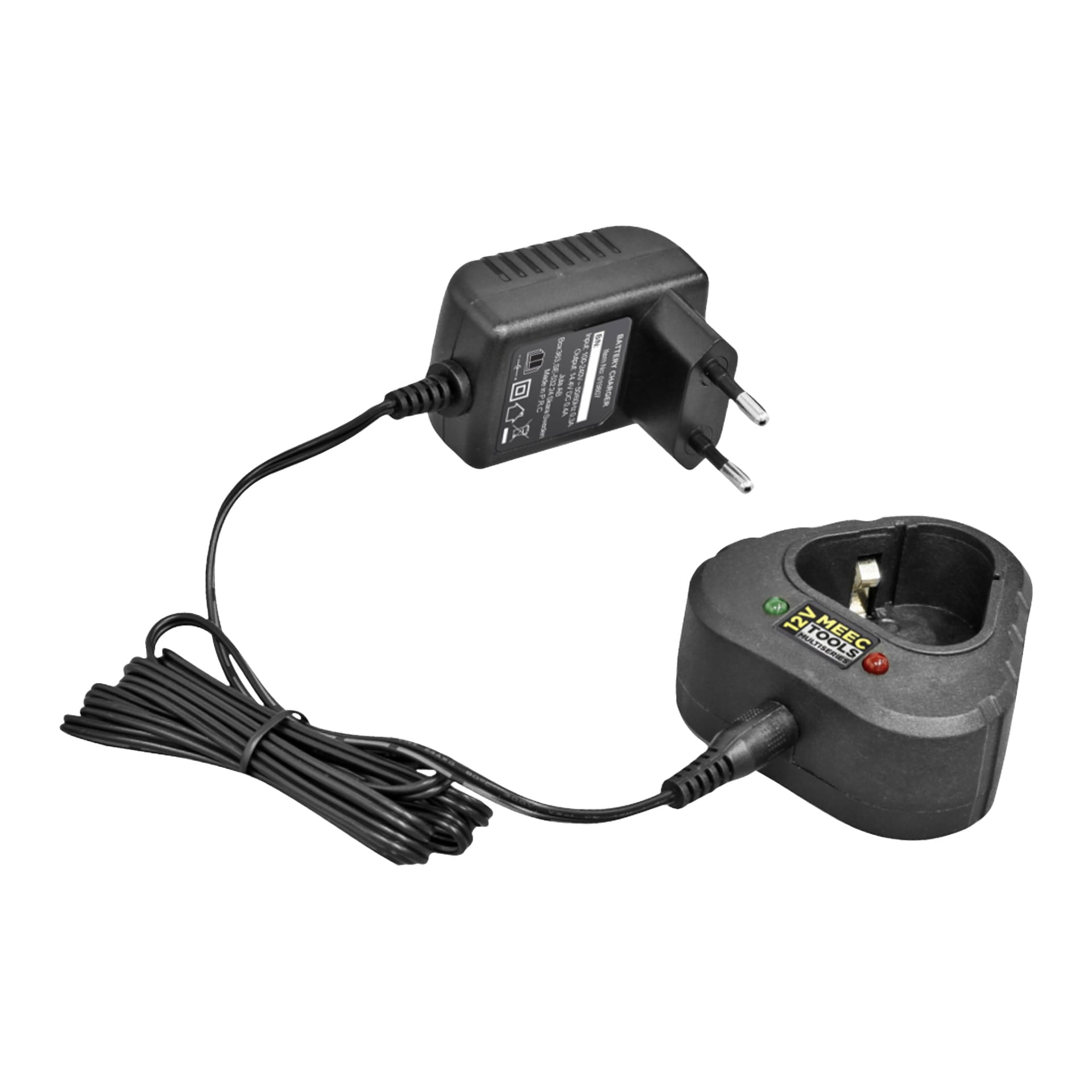 Svart batteriladdare med tvåstiftskontakt, ansluten adapterlåda, lång sladd och laddbas med röd indikatorlampa och Meec Tools Multiseries 12 V-märkning för Compact-skruvmejseln.