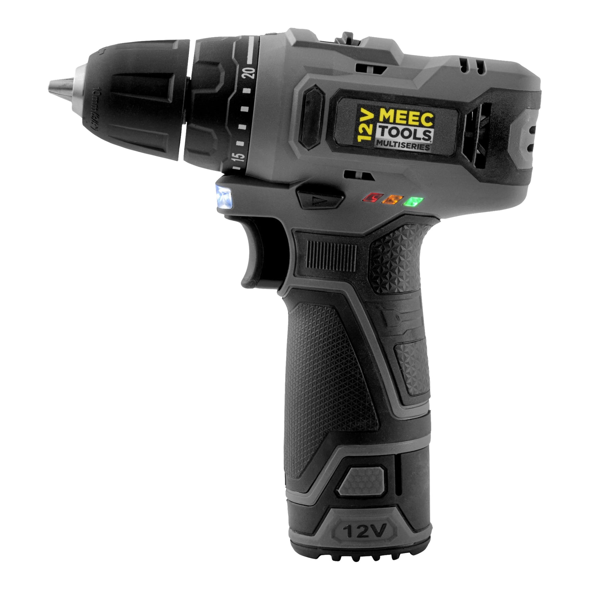 En svart Meec Tools Multiseries 12 V kompakt skruvmejsel med ett strukturerat grepp har tre LED-indikatorlampor placerade ovanför handtaget, en roterande momentkrage nära framsidan och ett batterifack placerat längst ner på verktyget.