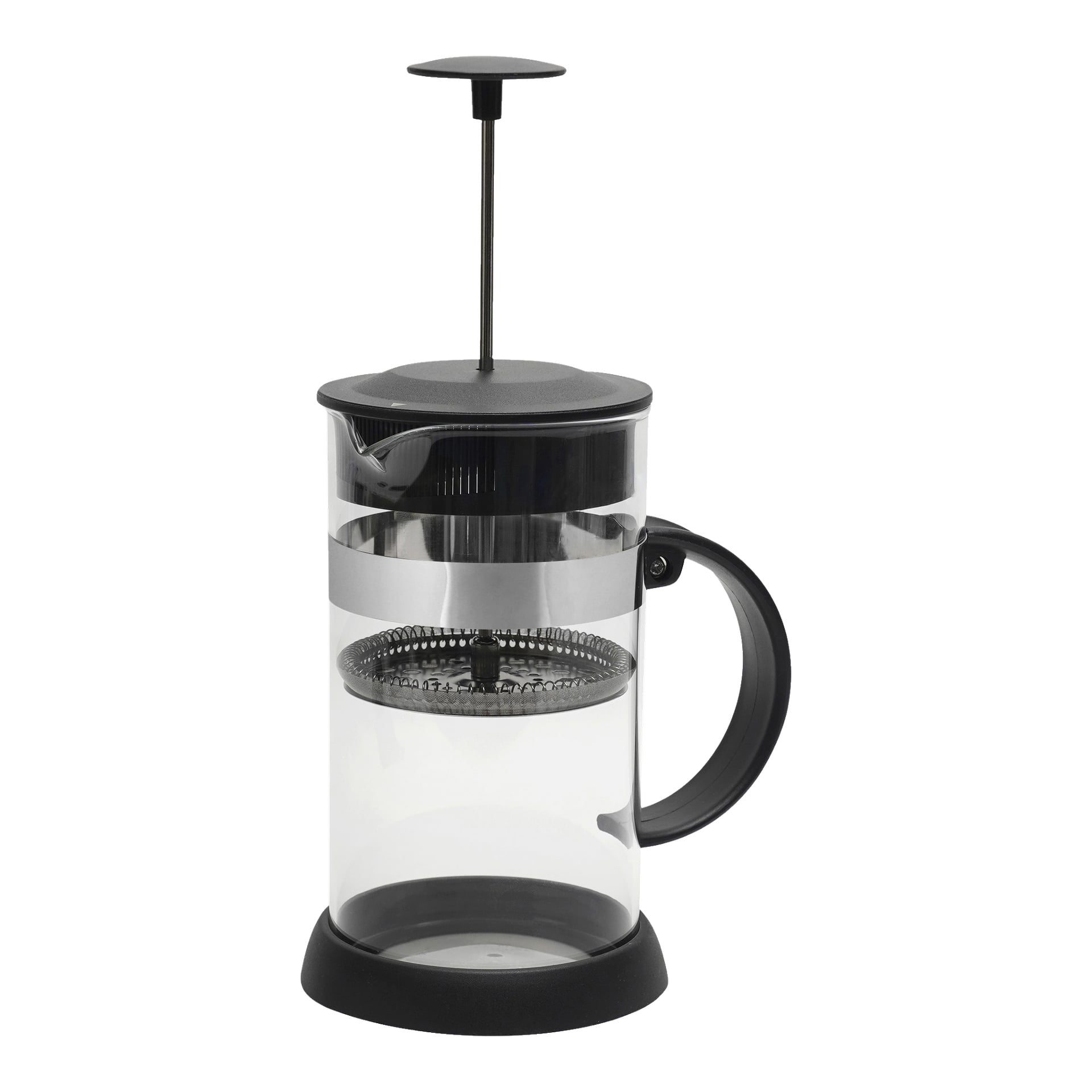 En Menuett-kaffepress med genomskinlig glaskropp, svart handtag och lock samt en intern metallkolv med filter.