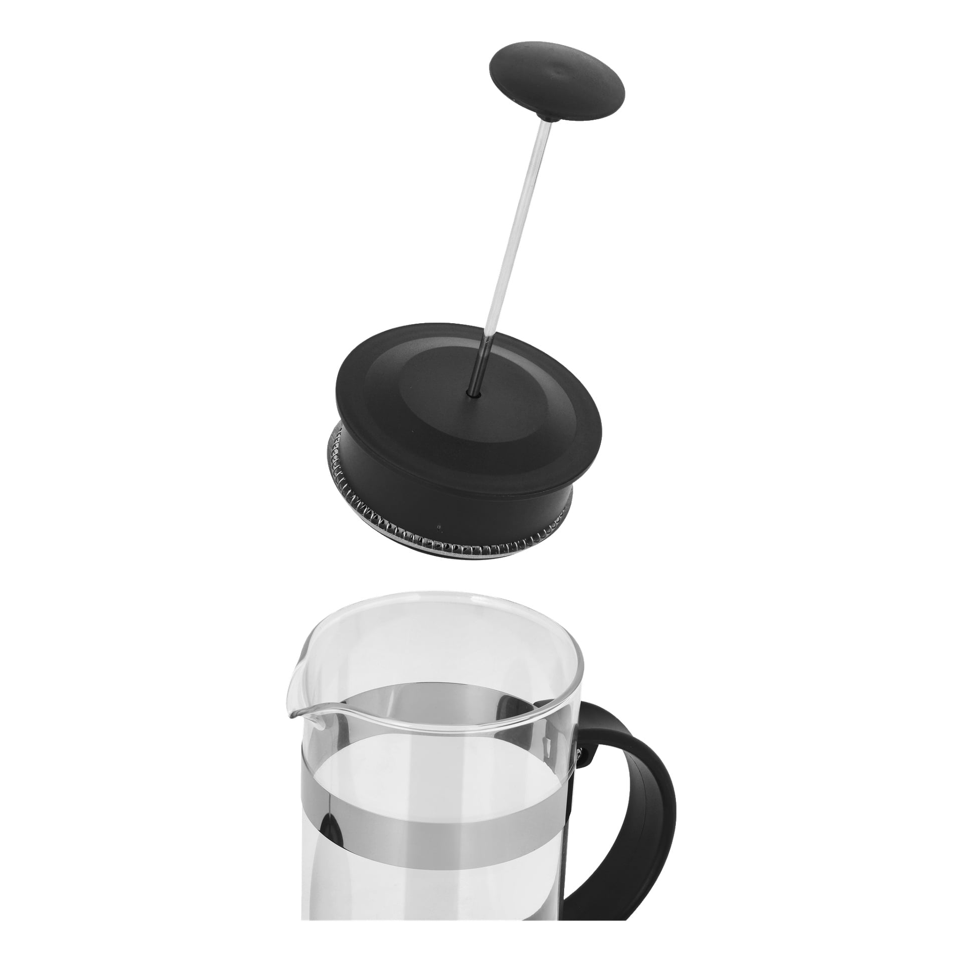 En Menuett kaffepress med plunger och lock upphöjt ovanför glaskaraffen.