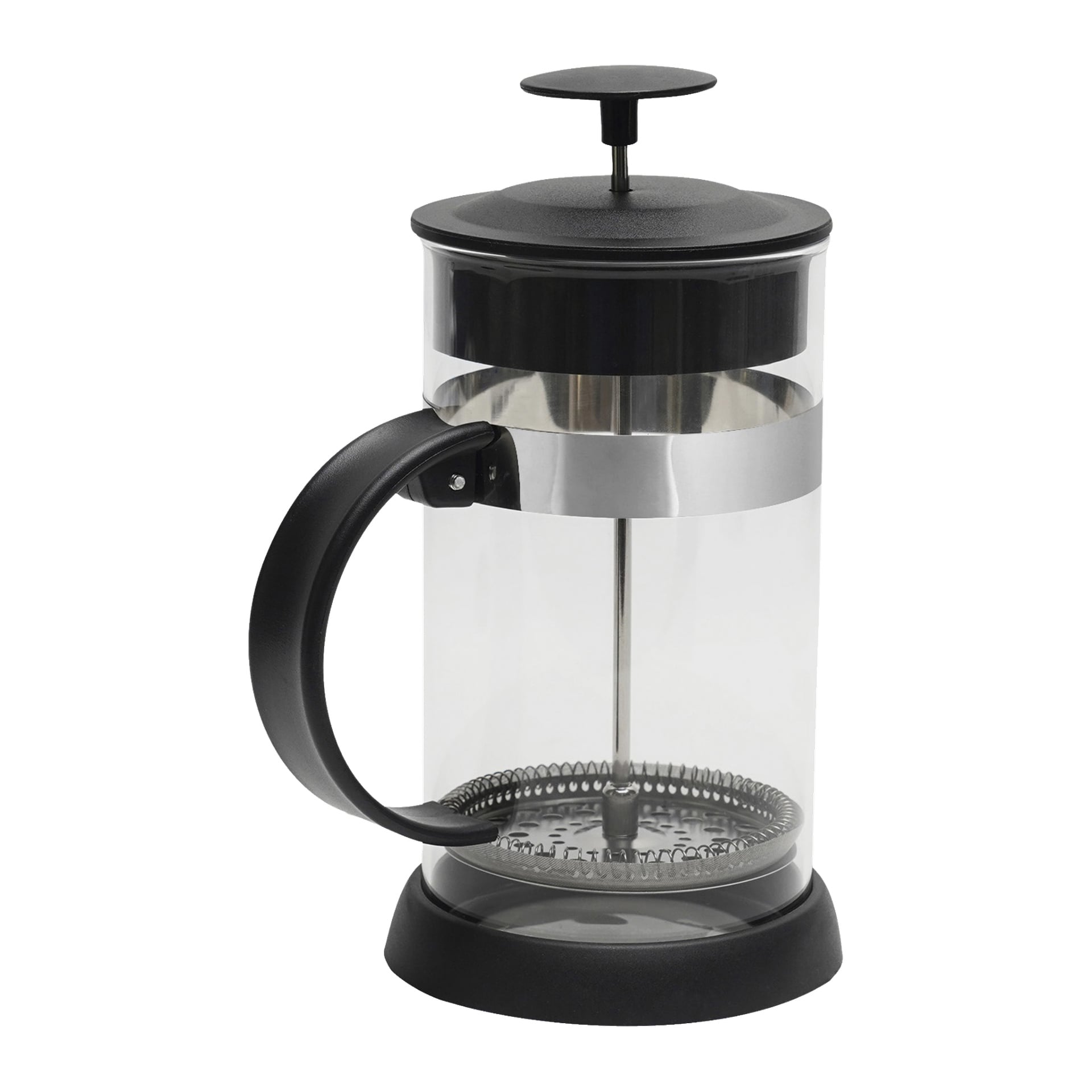 En Menuett kaffepress med transparent glaskropp, kompletterad av ett svart handtag, lock och botten. Den är utrustad med en metallkolv som har ett integrerat nätfilter.